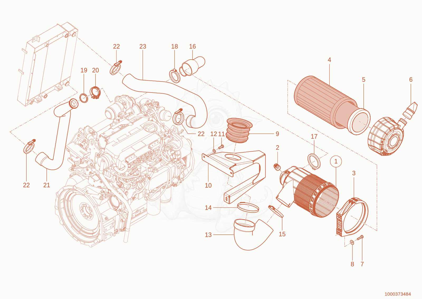Exploded parts diagram of the Induction system of a Wacker Neuson TH955(416-36), with numbered balloons