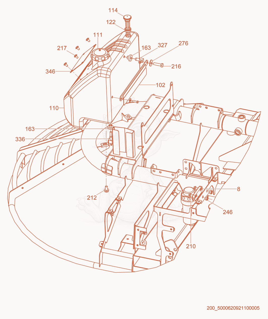 Exploded parts diagram of the Fuel Tank cpl. of a Wacker Neuson CRT60-66K, with numbered balloons