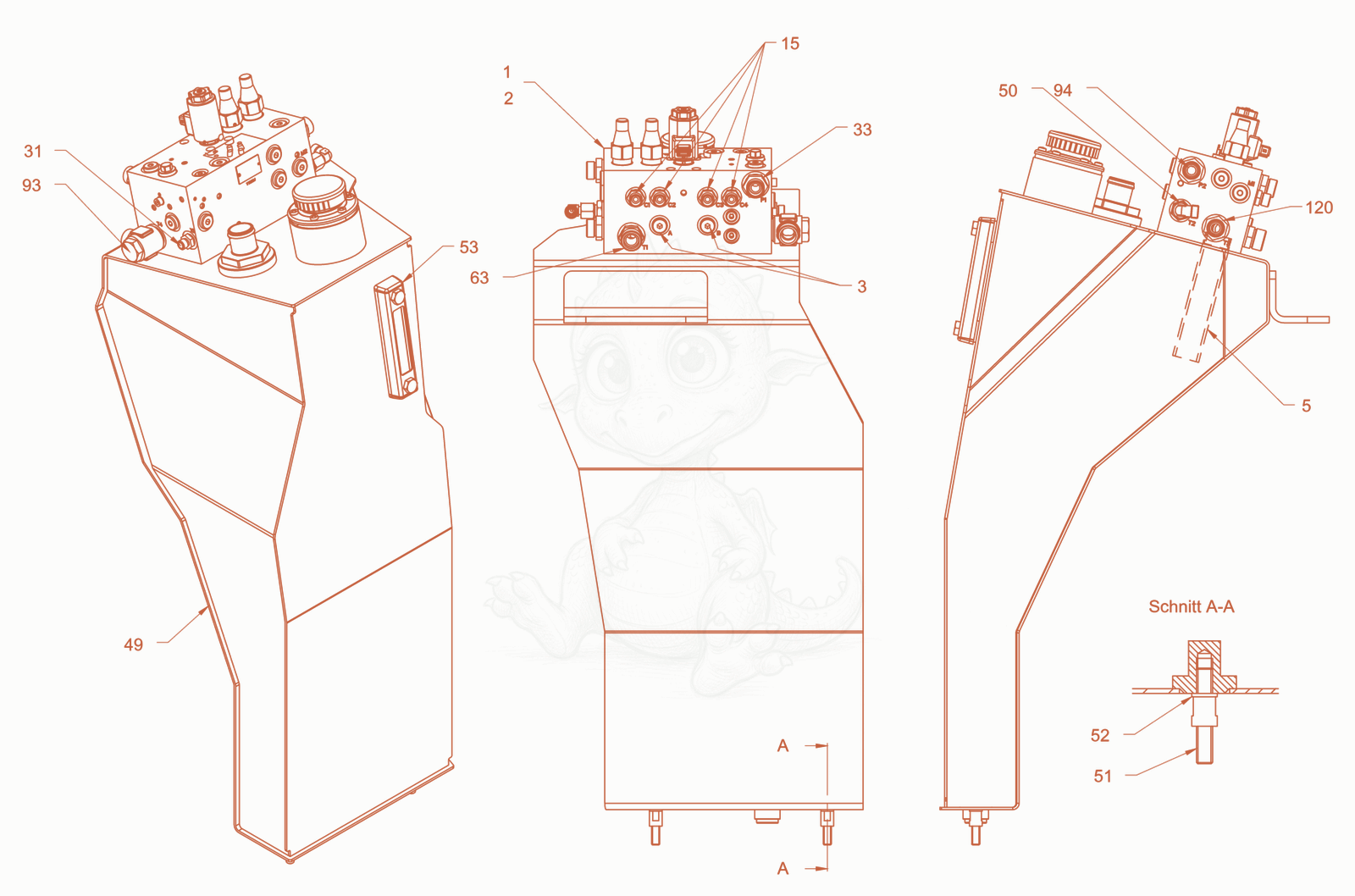 Exploded parts diagram of the Hydraulic oil tank of a Wacker Neuson RD45-140, with numbered balloons