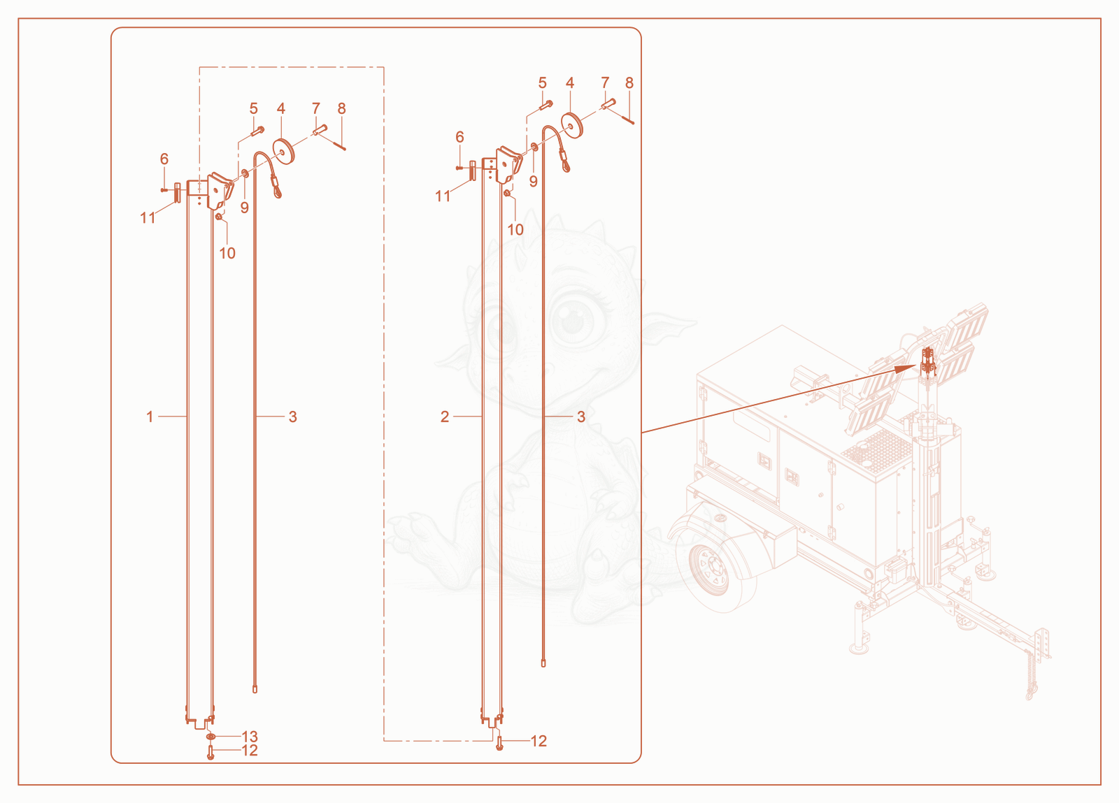 Exploded parts diagram of the Tower-Middle of a Wacker Neuson LTG14, with numbered balloons