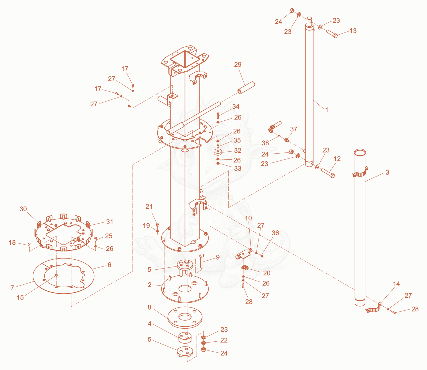 Exploded parts diagram of the light pole mounting of a Wacker Neuson LTN5YPHD, with numbered balloons