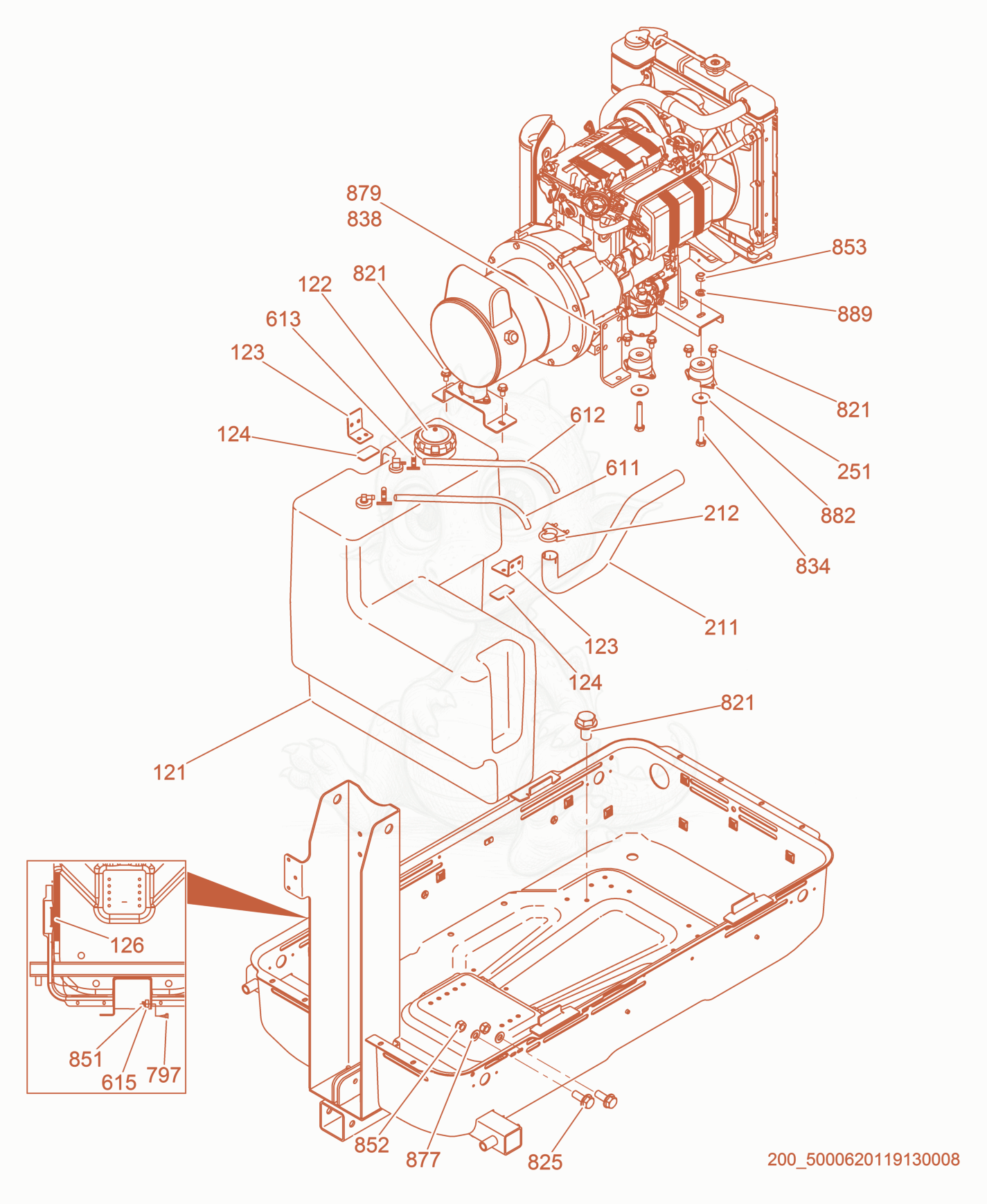 Exploded parts diagram of the Fuel Tank/Engine of a Wacker Neuson LTN6LE, with numbered balloons