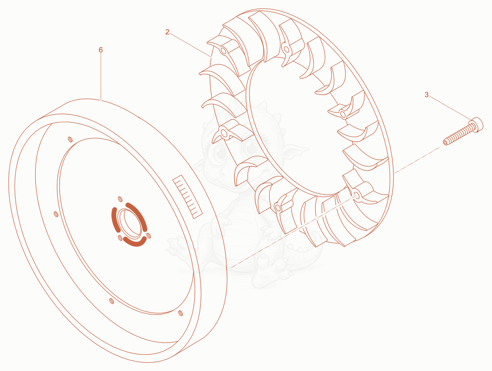 Exploded parts diagram of the Blower-Fly wheel of a Wacker Neuson DPU2550H, with numbered balloons