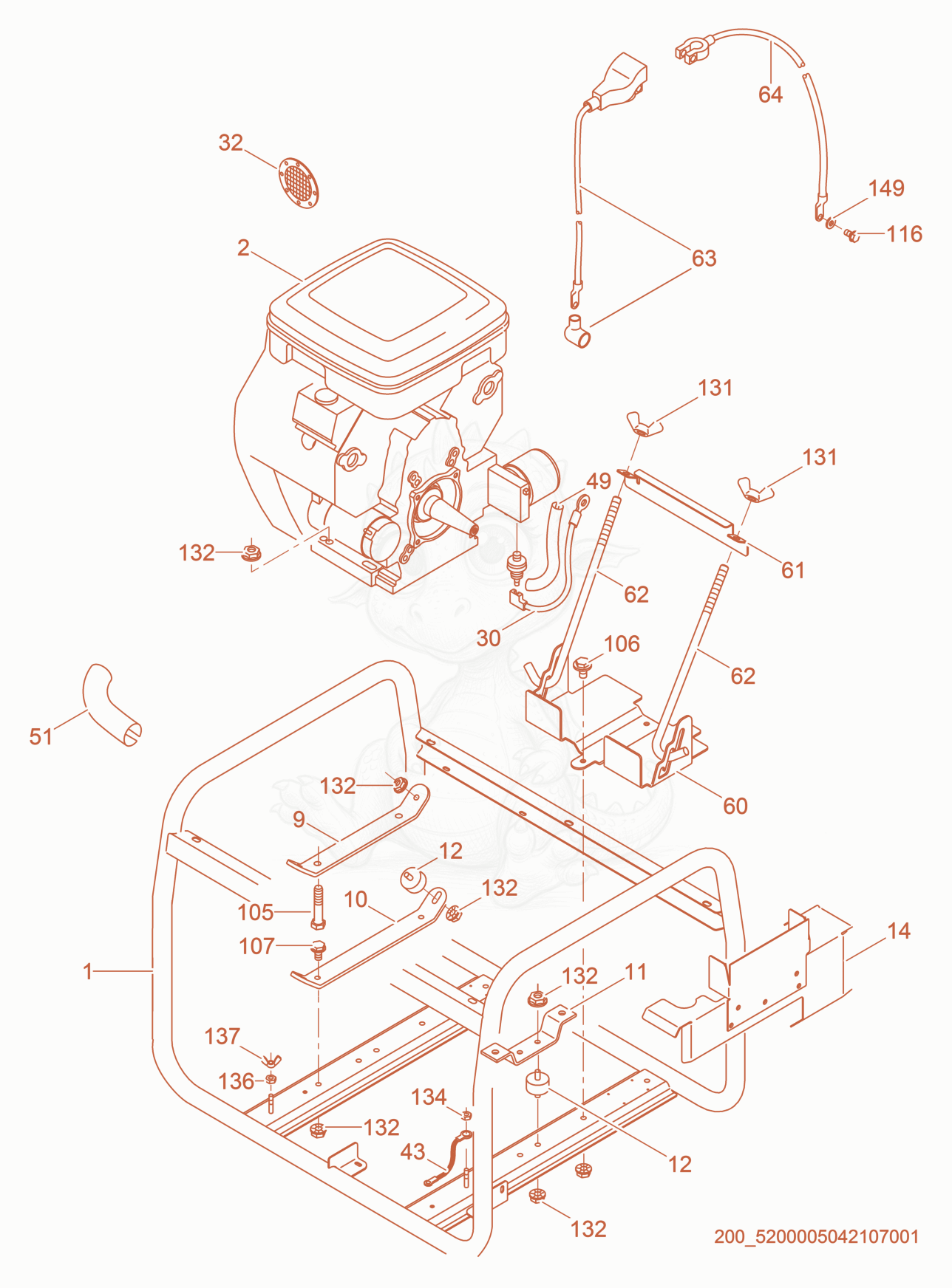 Despiece del Frame/Engine de una máquina Wacker Neuson GPS9700, con globos numerados