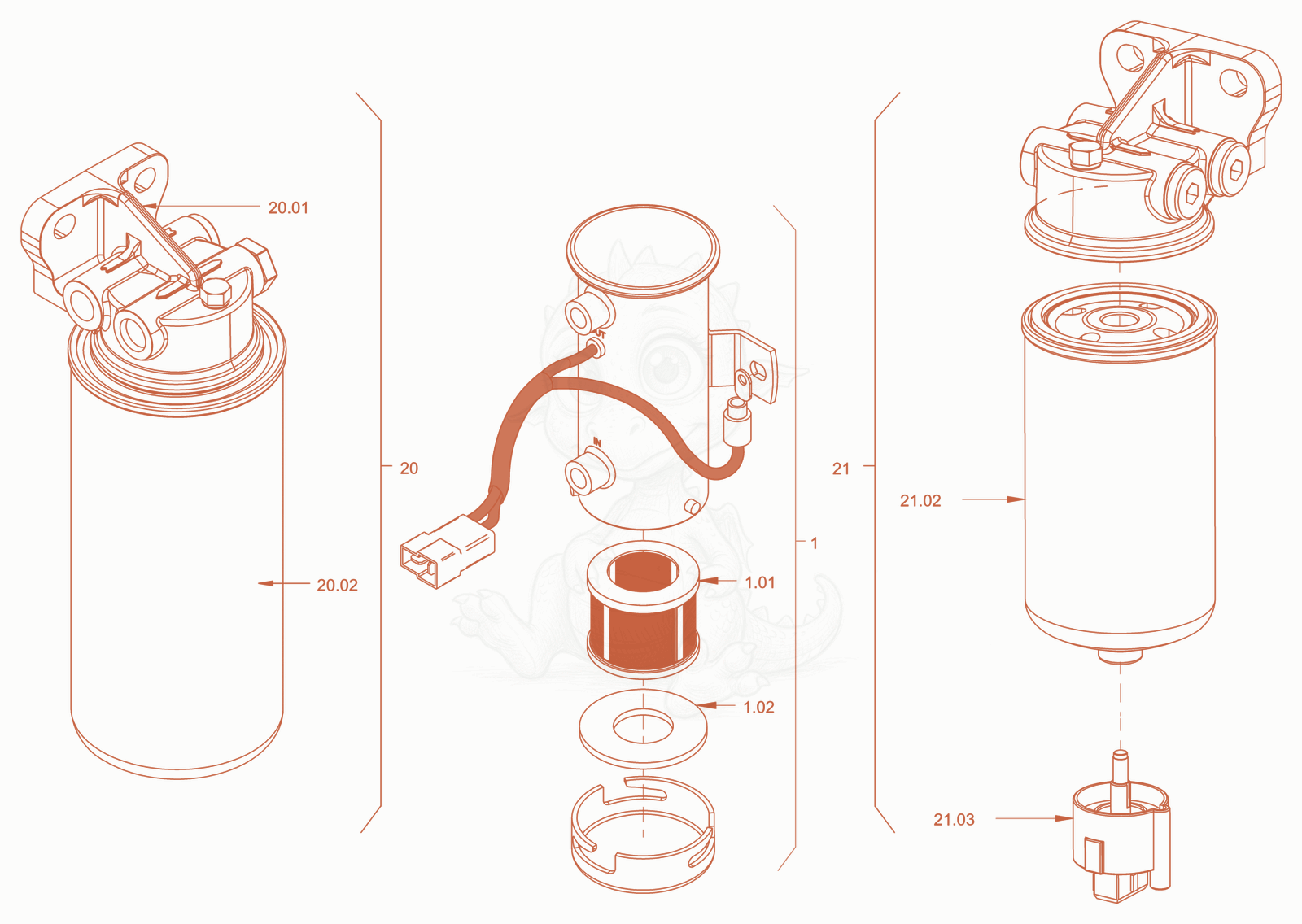 Exploded parts diagram of the Fuel filter of a Wacker Neuson RD45-140, with numbered balloons