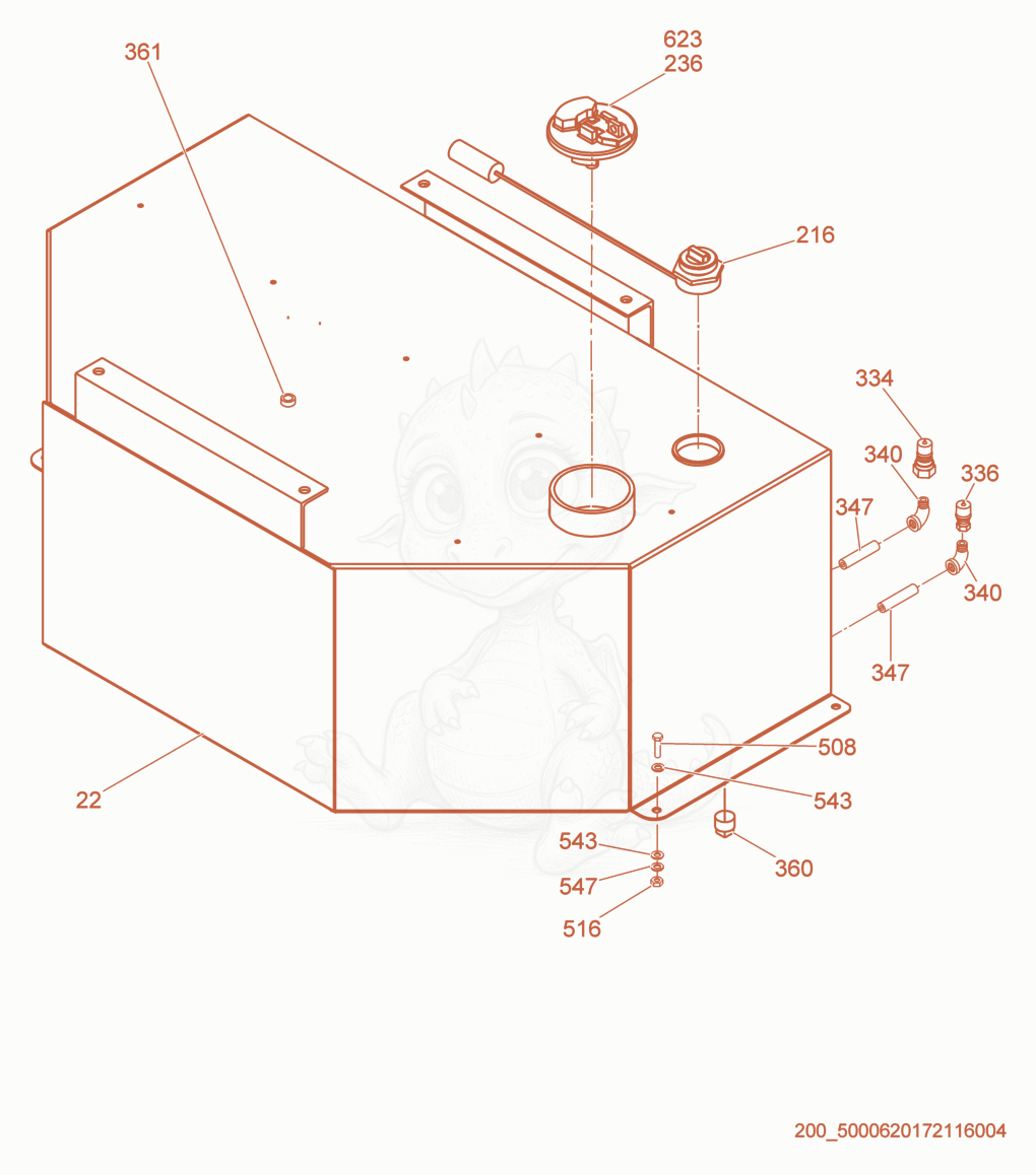 Exploded parts diagram of the Fuel Tank cpl. of a Wacker Neuson E1100, with numbered balloons