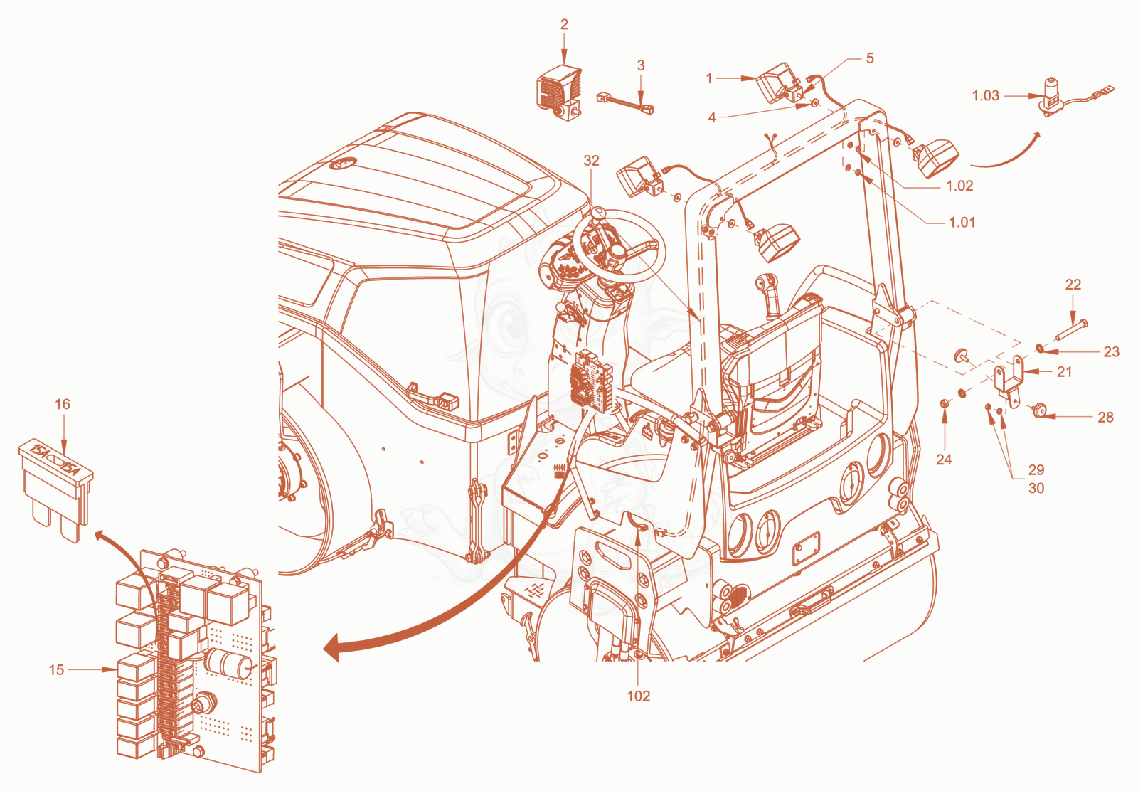 Exploded parts diagram of the additional lighting of a Wacker Neuson RD18-100C.3, with numbered balloons