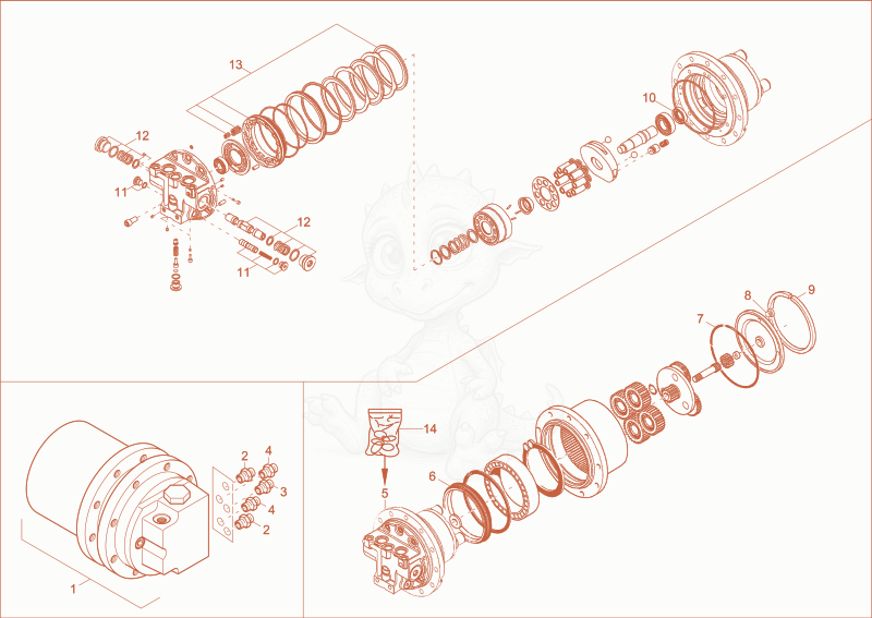 Despiece del drive unit de una máquina Wacker Neuson ST35(S04-02), con globos numerados