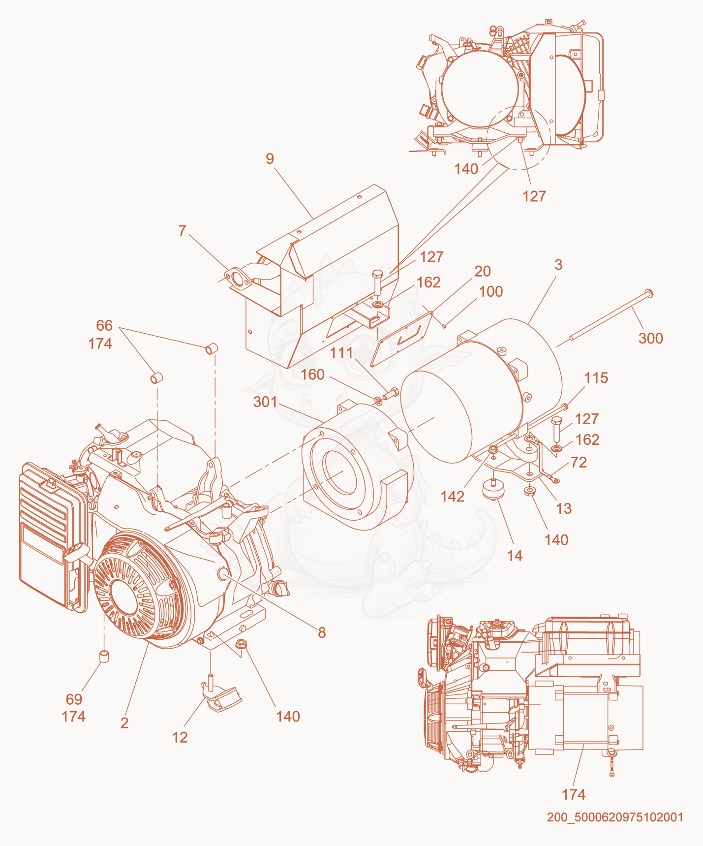 Exploded parts diagram of the Engine/Generator cpl. of a Wacker Neuson GP3800, with numbered balloons