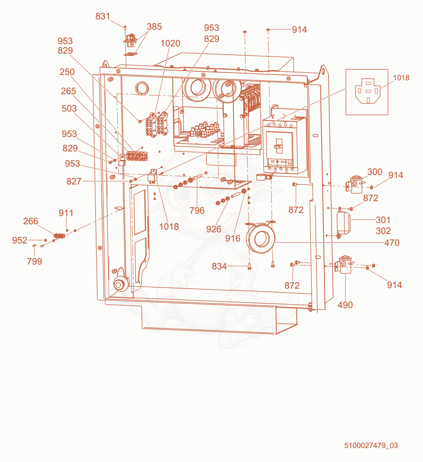 Exploded parts diagram of the Transformer/Fuse Block/Relay of a Wacker Neuson G70, with numbered balloons