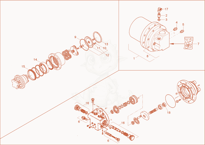 Exploded parts diagram of the motor of a Wacker Neuson 1402PRIMUSFORCE, with numbered balloons
