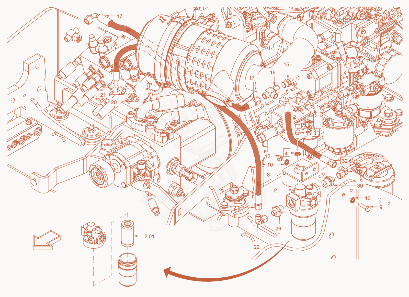 Exploded parts diagram of the Bypass Oil Filter of a Wacker Neuson RD45-140, with numbered balloons