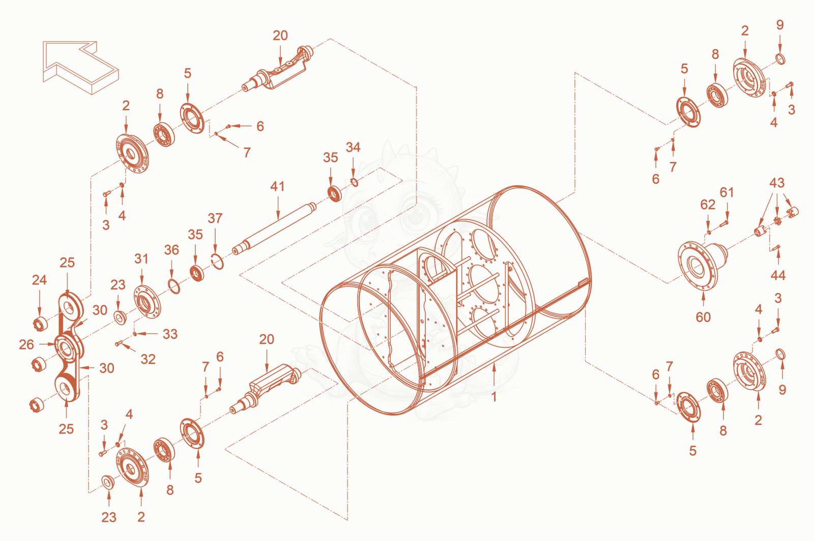 Exploded parts diagram of the roller drum with oscillator of a Wacker Neuson RD24-100ODPF, with numbered balloons