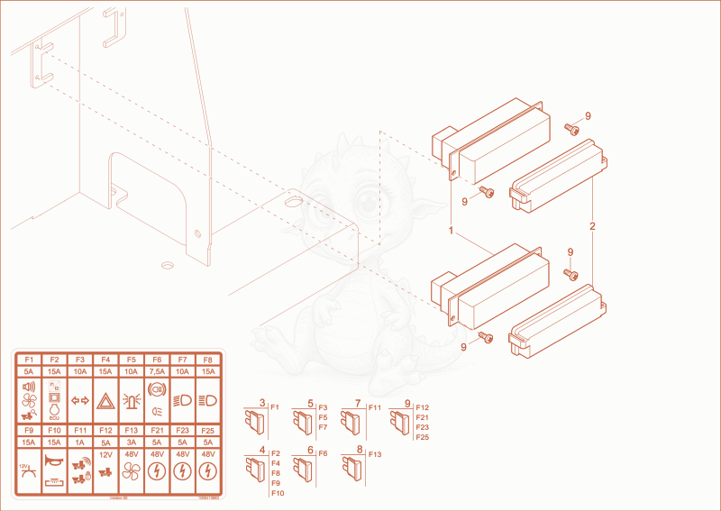 Exploded parts diagram of the fuse box of a Wacker Neuson DW15E, with numbered balloons