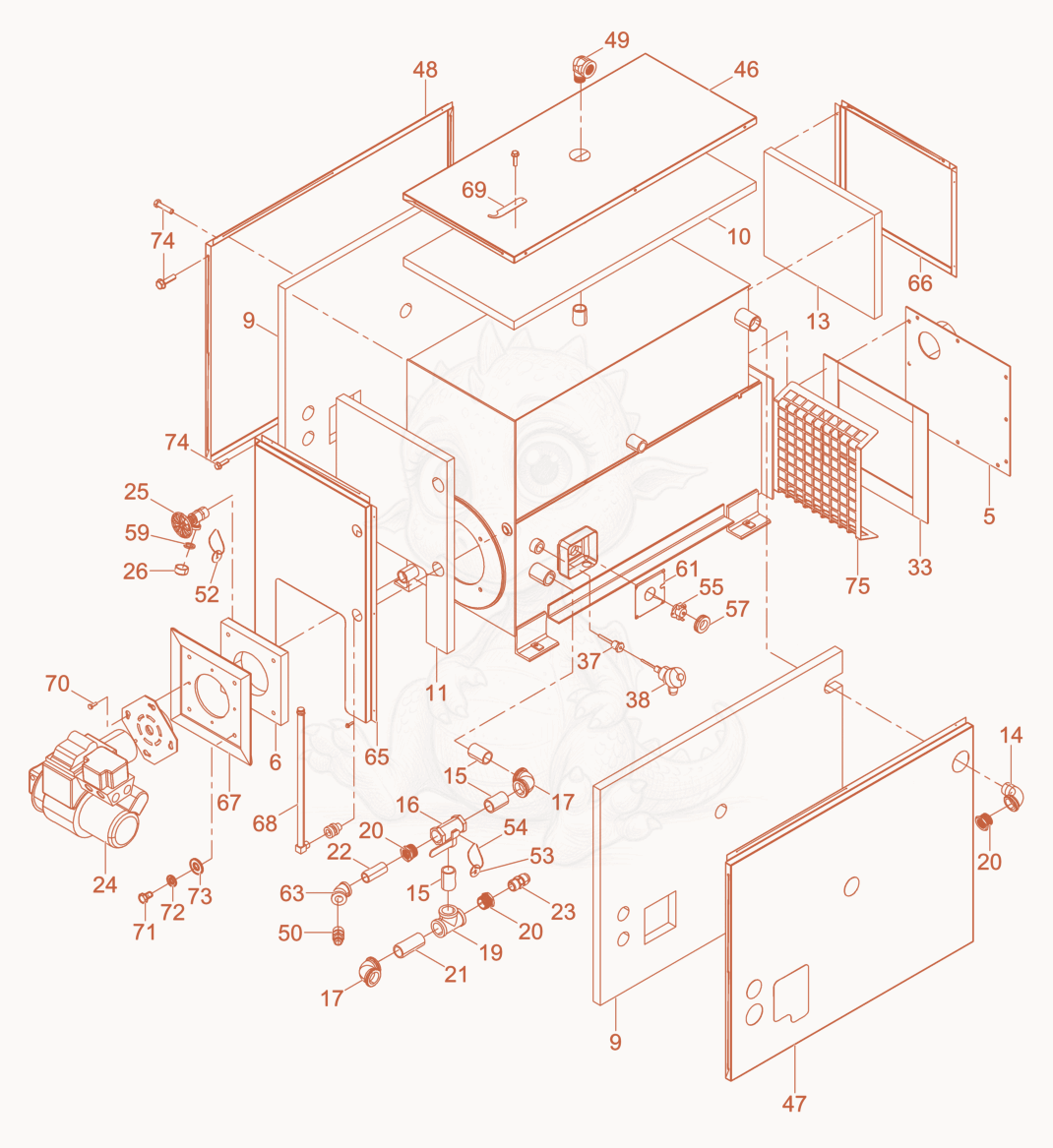 Exploded parts diagram of the Hydronic heater cpl. of a Wacker Neuson E1100, with numbered balloons
