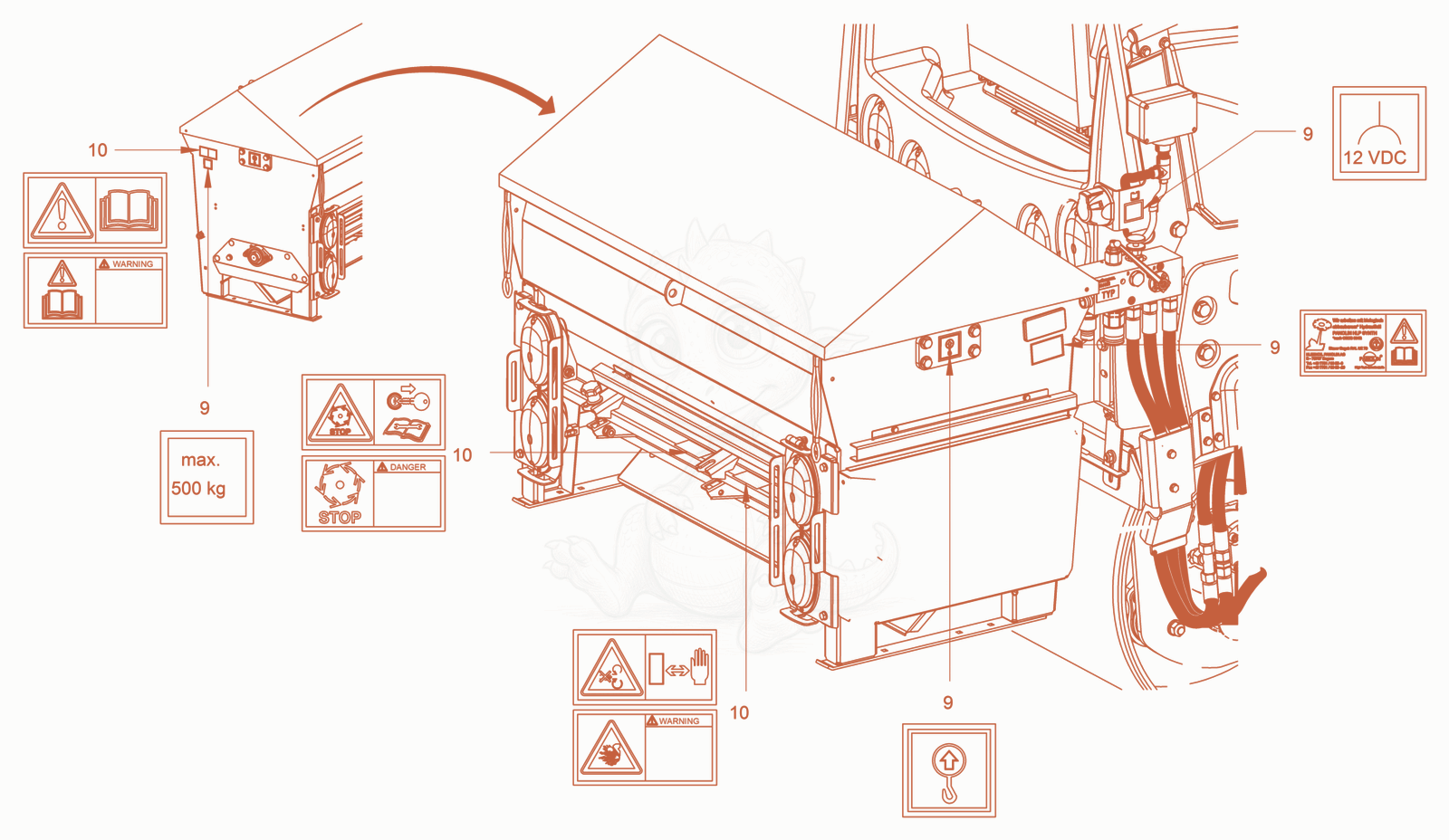 Exploded parts diagram of the sticker arrangement of a Wacker Neuson RD45-140.3, with numbered balloons