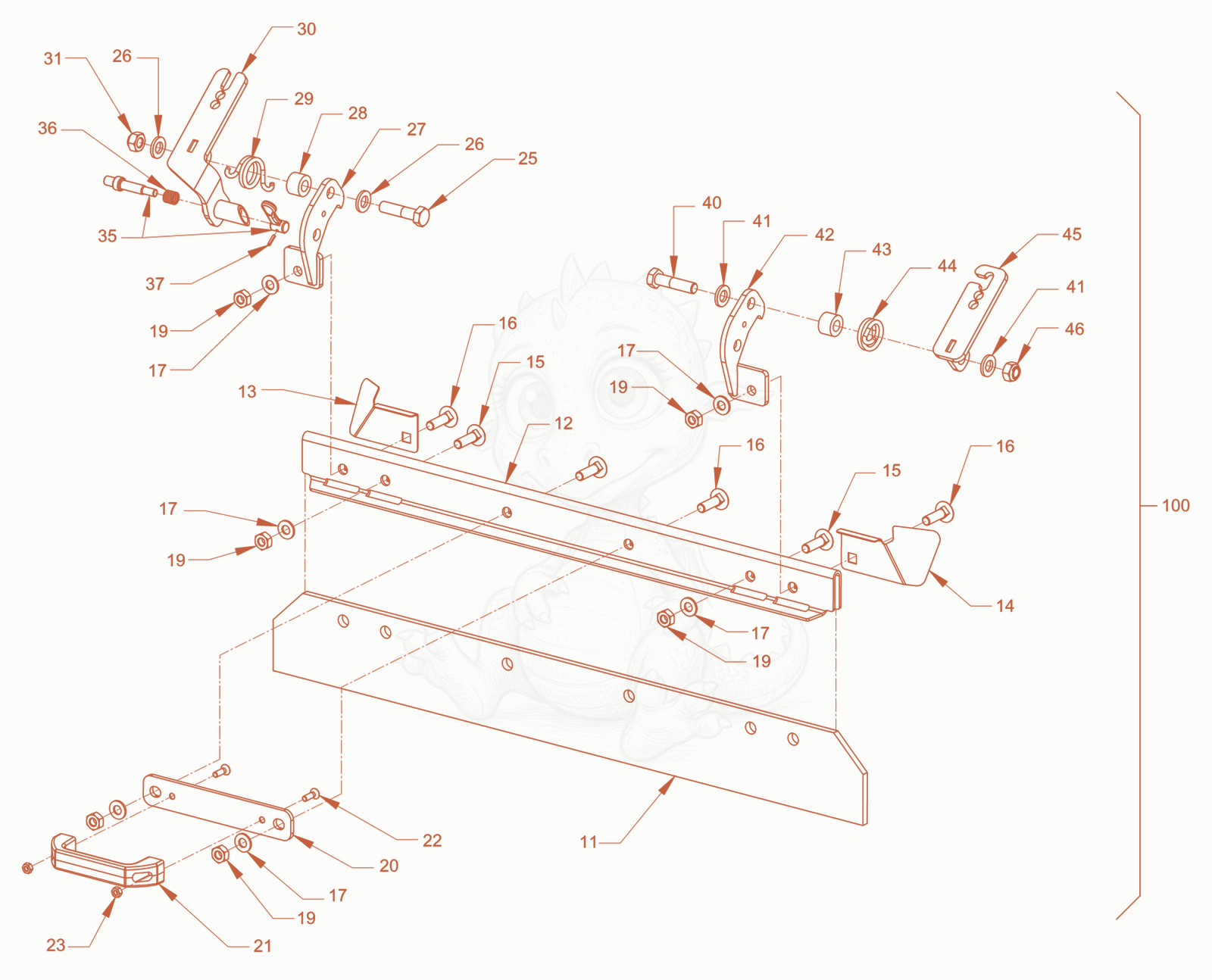 Exploded parts diagram of the foldable scraper of a Wacker Neuson RD18-80, with numbered balloons