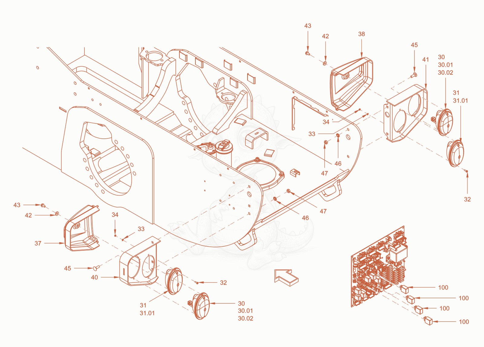 Exploded parts diagram of the electrical system lighting of a Wacker Neuson RC50DPFCAB, with numbered balloons