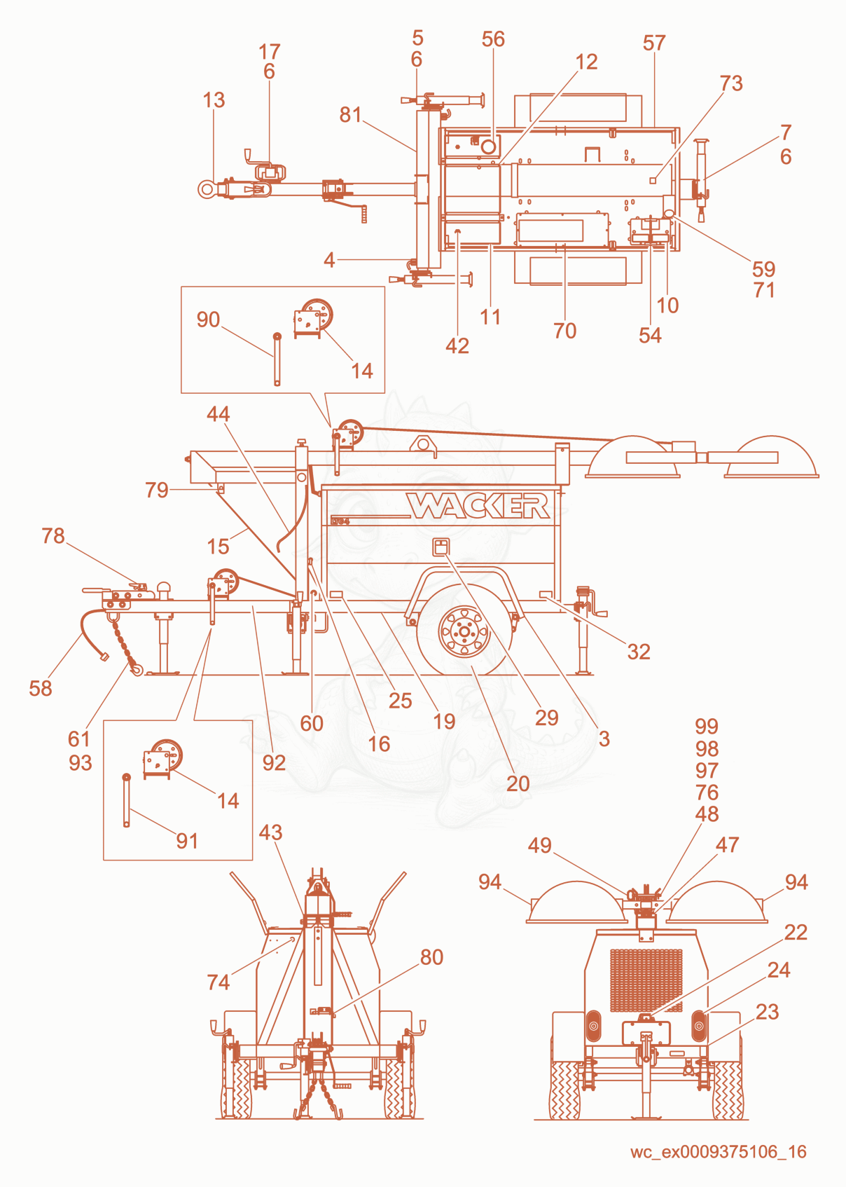 Exploded parts diagram of the Trailer cpl. of a Wacker Neuson LTC4L, with numbered balloons