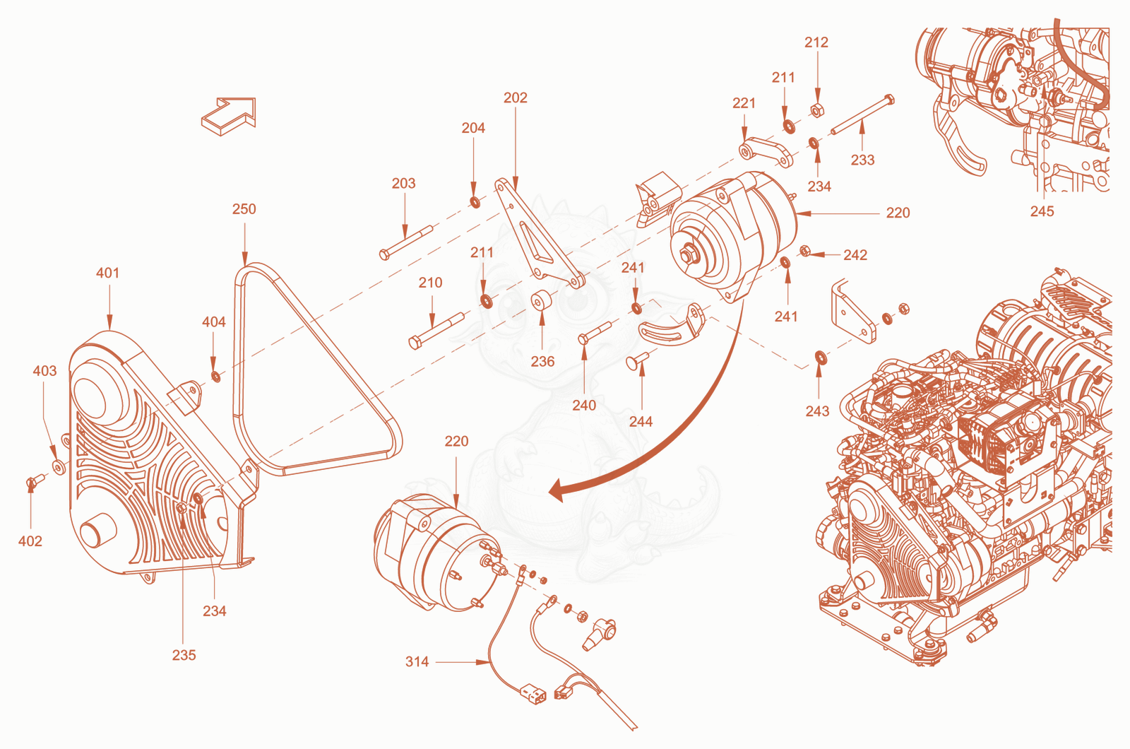 Exploded parts diagram of the pump drive and engine assembly of a Wacker Neuson RD40-130CDPF, with numbered balloons