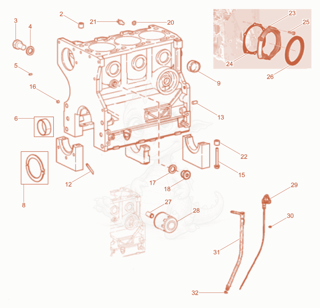Despiece del Crankcase de una máquina Wacker Neuson DPU80LEM770, con globos numerados