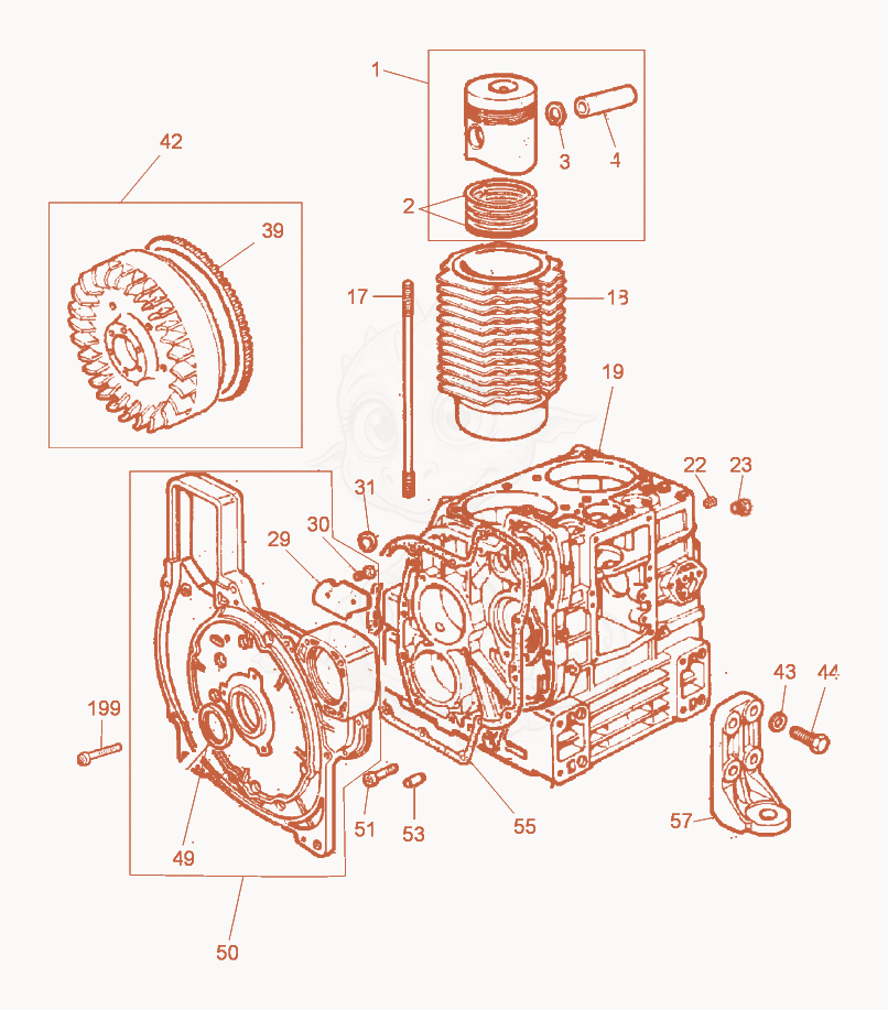 Despiece del Cylinder - Crankcase - Fly wheel de una máquina Wacker Neuson DPU100-70, con globos numerados