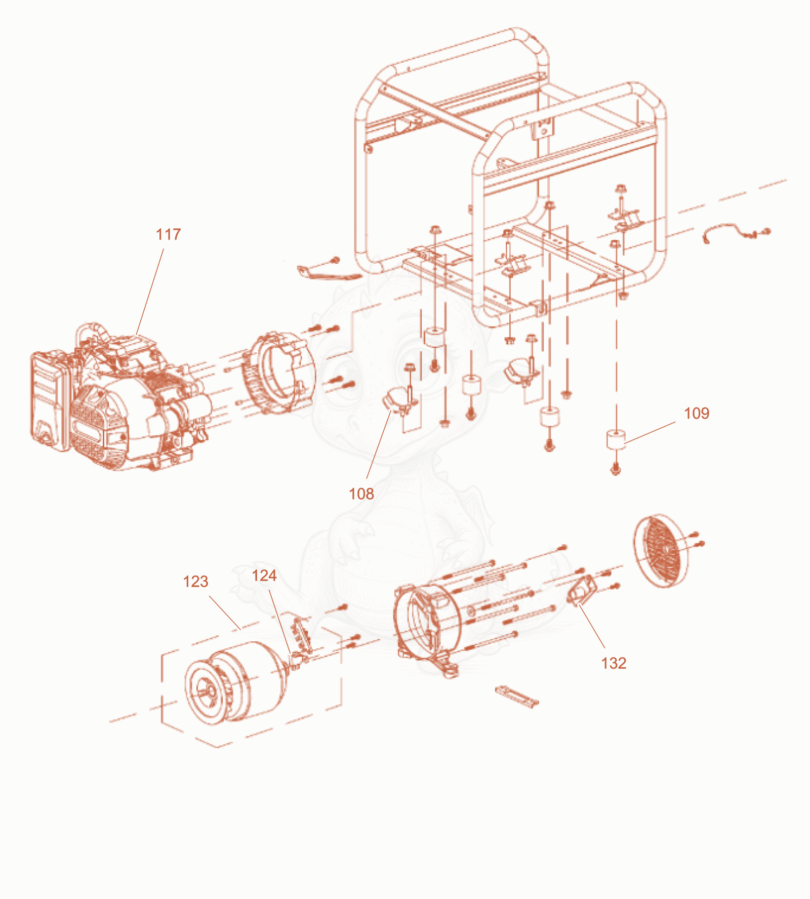 Despiece del frame and motor cpl. de una máquina Wacker Neuson GB6000GCE, con globos numerados