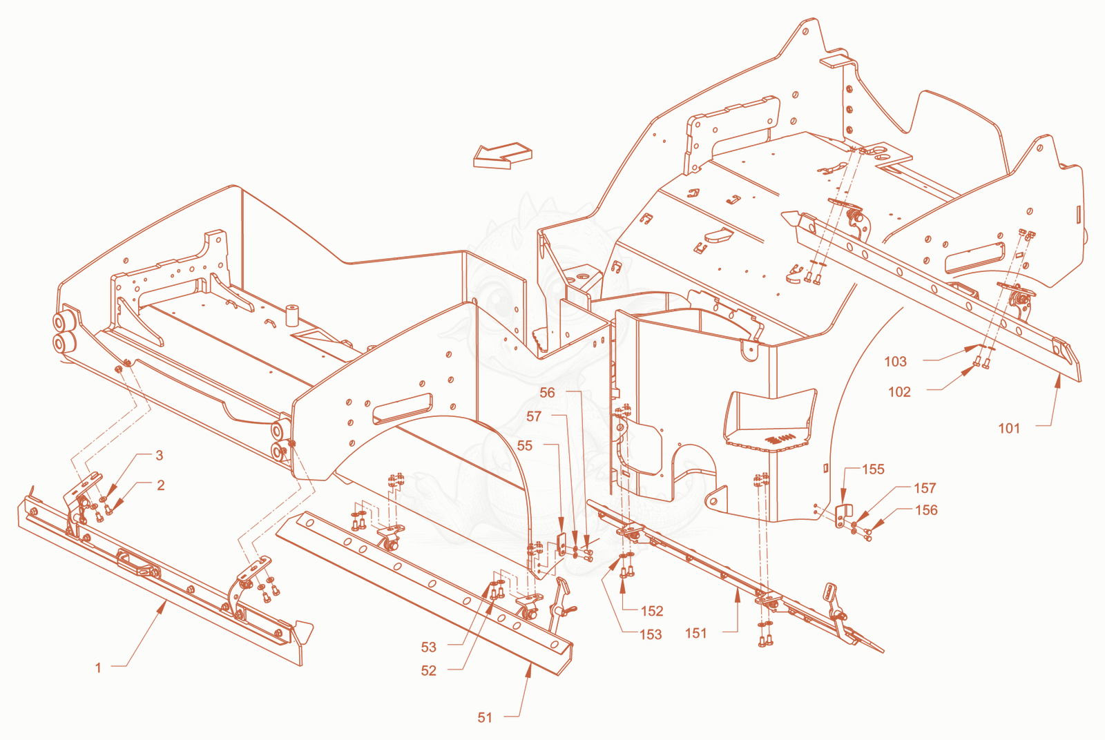 Exploded parts diagram of the Foldable scraper of a Wacker Neuson RD45-140, with numbered balloons