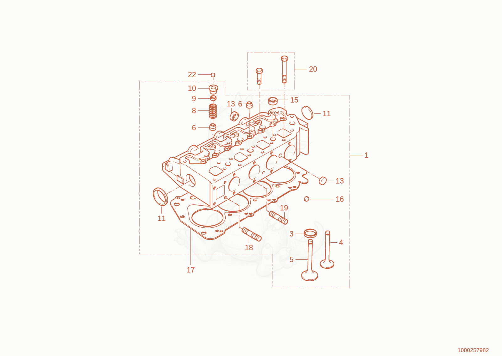 Exploded parts diagram of the cylinder head of a Wacker Neuson WL30, with numbered balloons