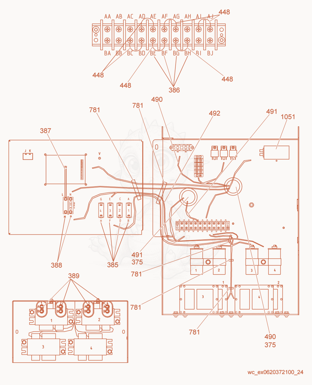 Exploded parts diagram of the Control Box Wiring Diagram of a Wacker Neuson LTW6K, with numbered balloons