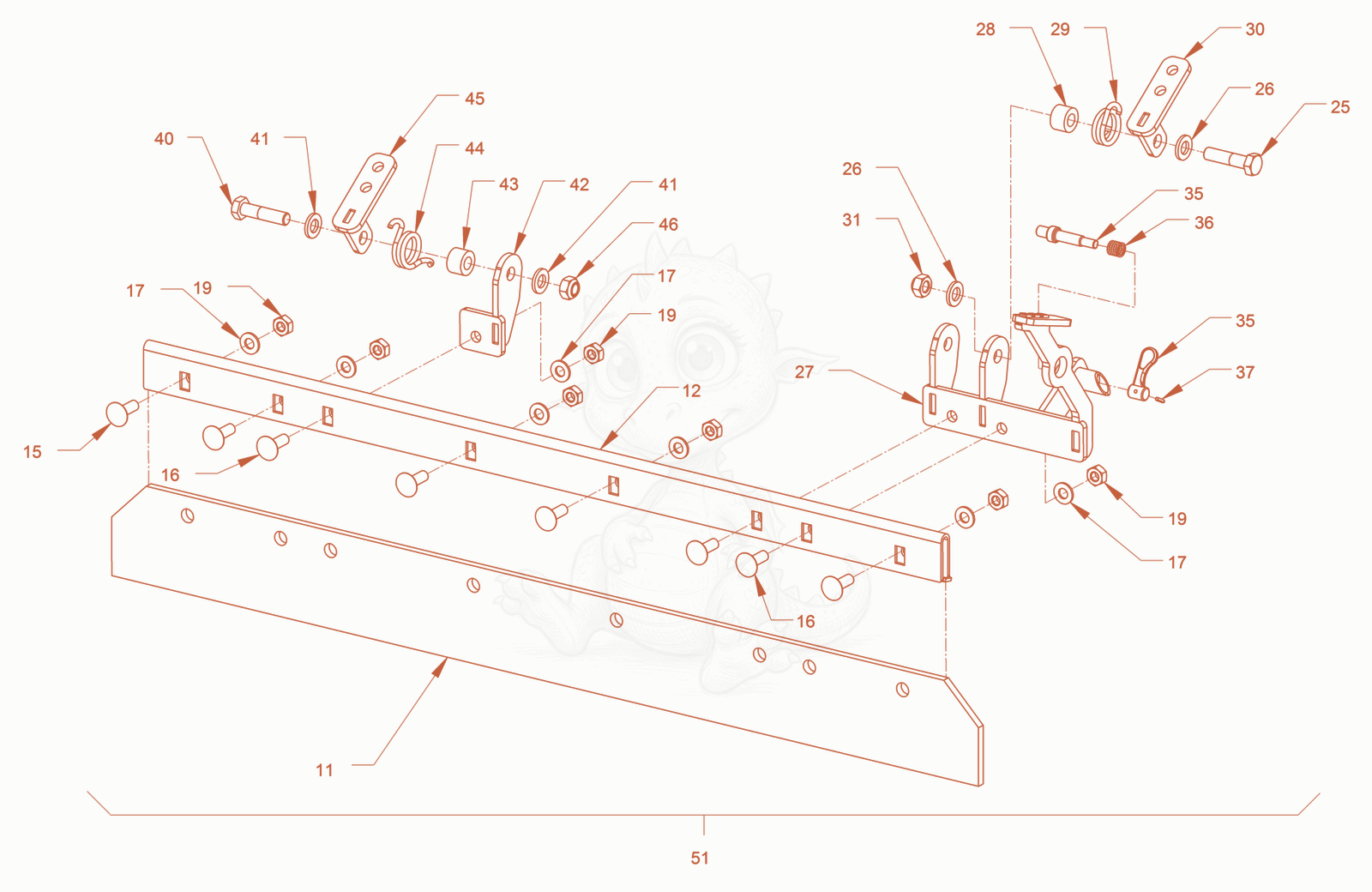 Exploded parts diagram of the scraper of a Wacker Neuson RD18-100C, with numbered balloons