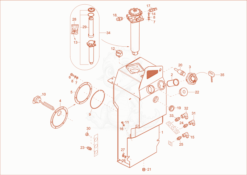 Exploded parts diagram of the hydraulic tank of a Wacker Neuson ST35(S04-02), with numbered balloons