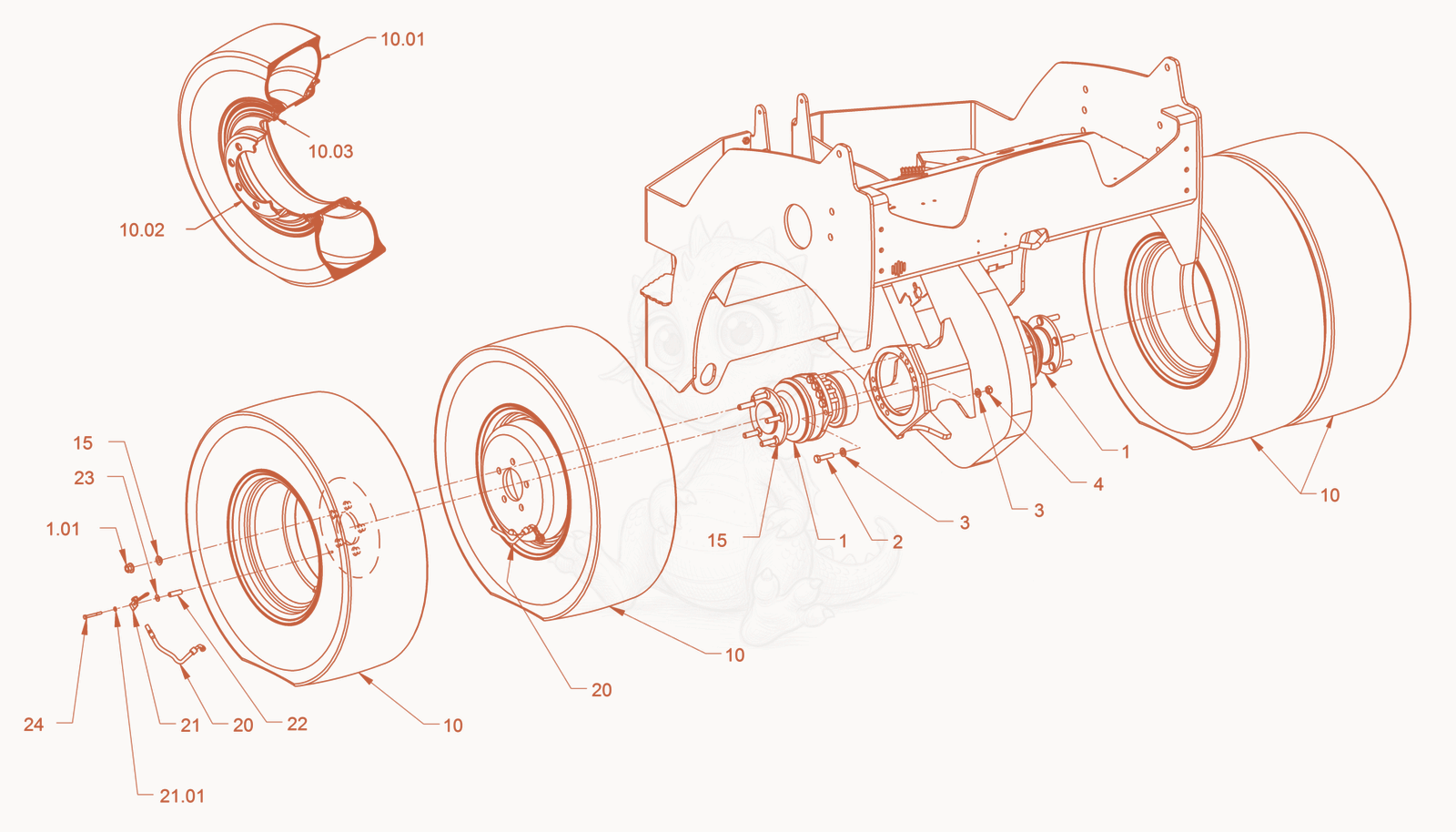 Exploded parts diagram of the suspension (tires) of a Wacker Neuson RD45-140, with numbered balloons