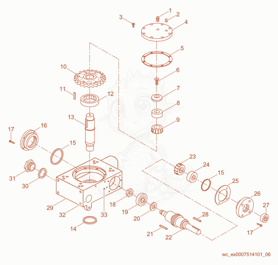 Despiece del Gearbox/Right de una máquina Wacker Neuson CRT46ASO, con globos numerados
