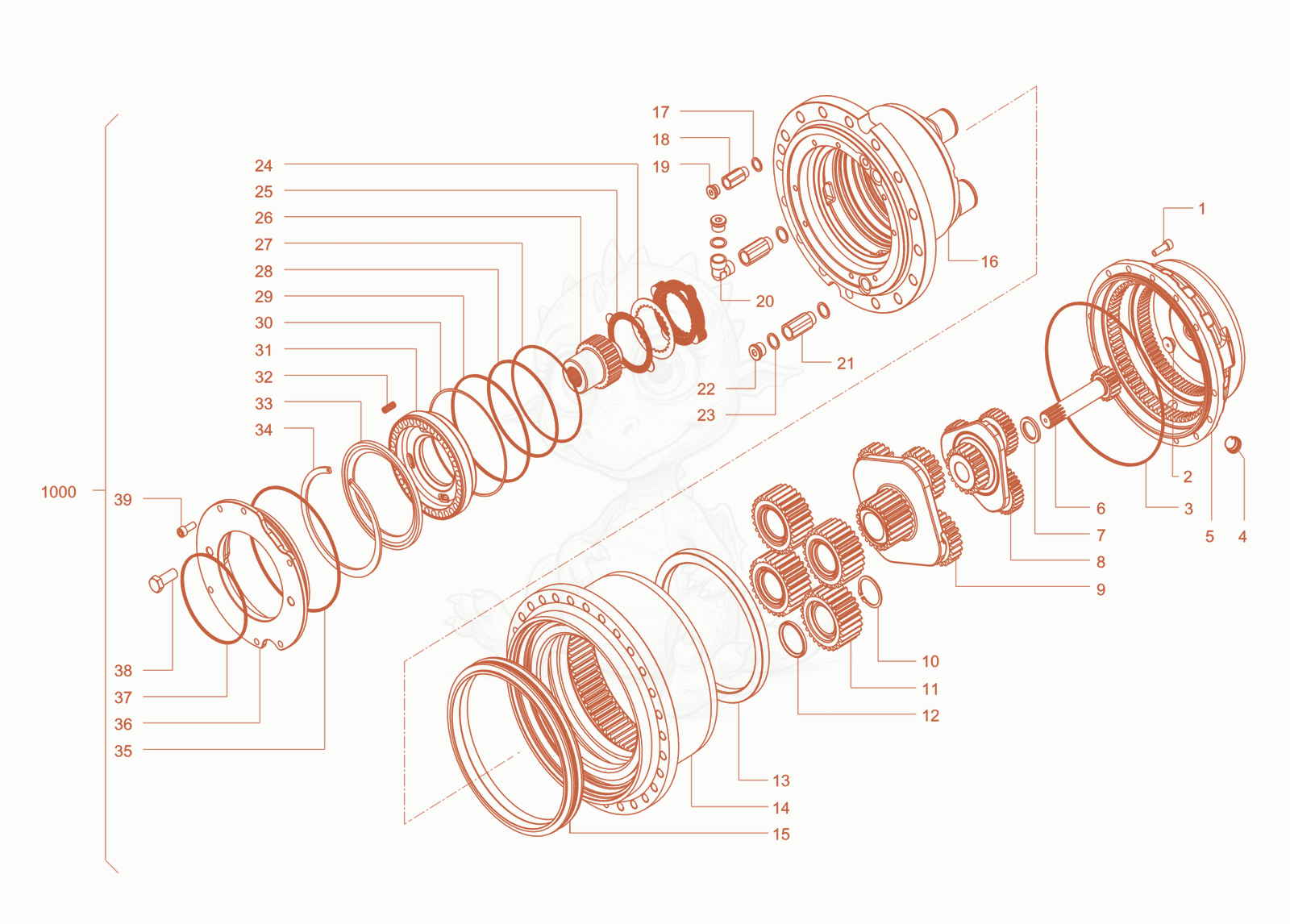 Exploded parts diagram of the wheel gear of a Wacker Neuson RC110PCAB, with numbered balloons