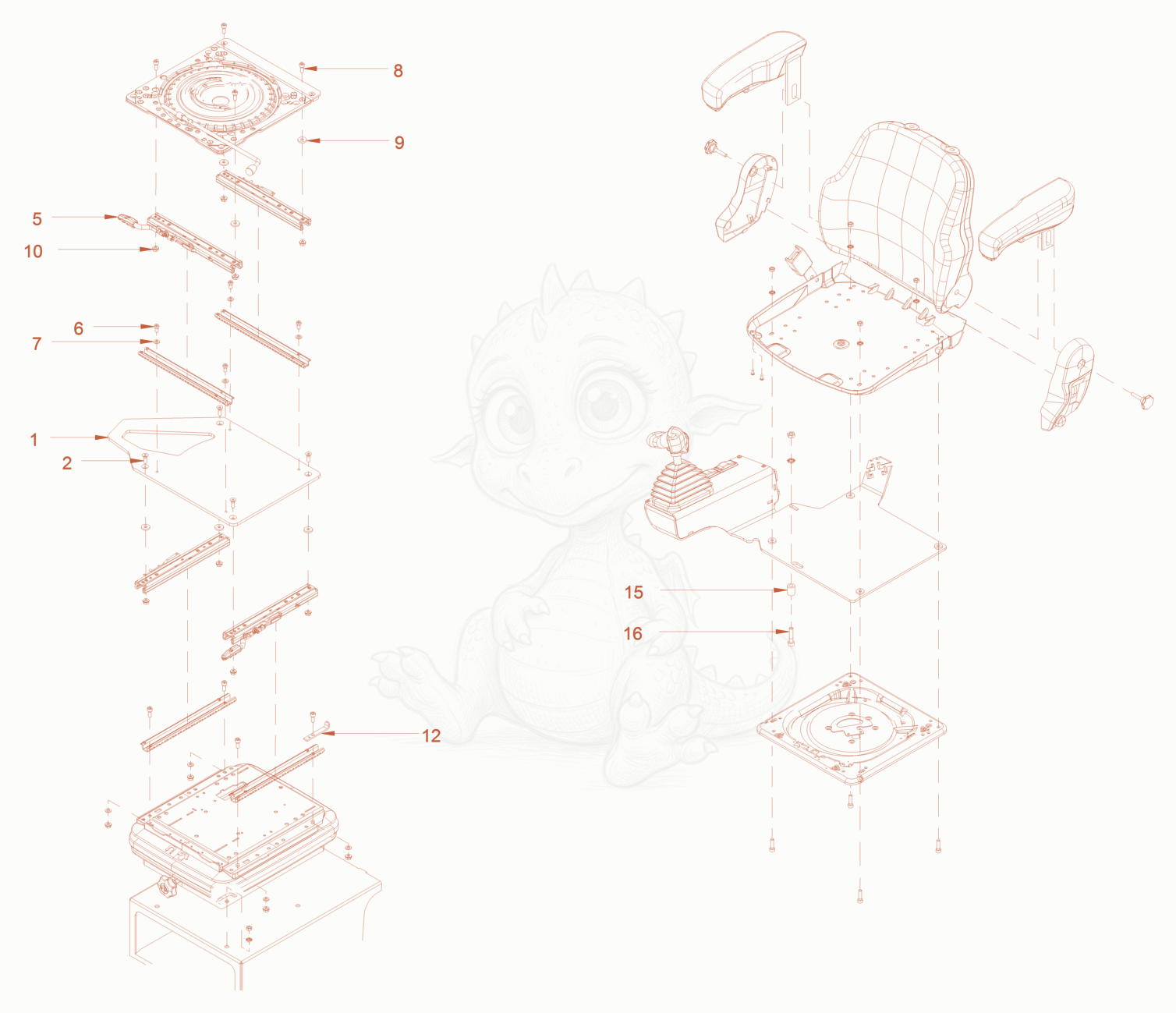 Exploded parts diagram of the operator's seat with adjustmen of a Wacker Neuson RC70PUS, with numbered balloons