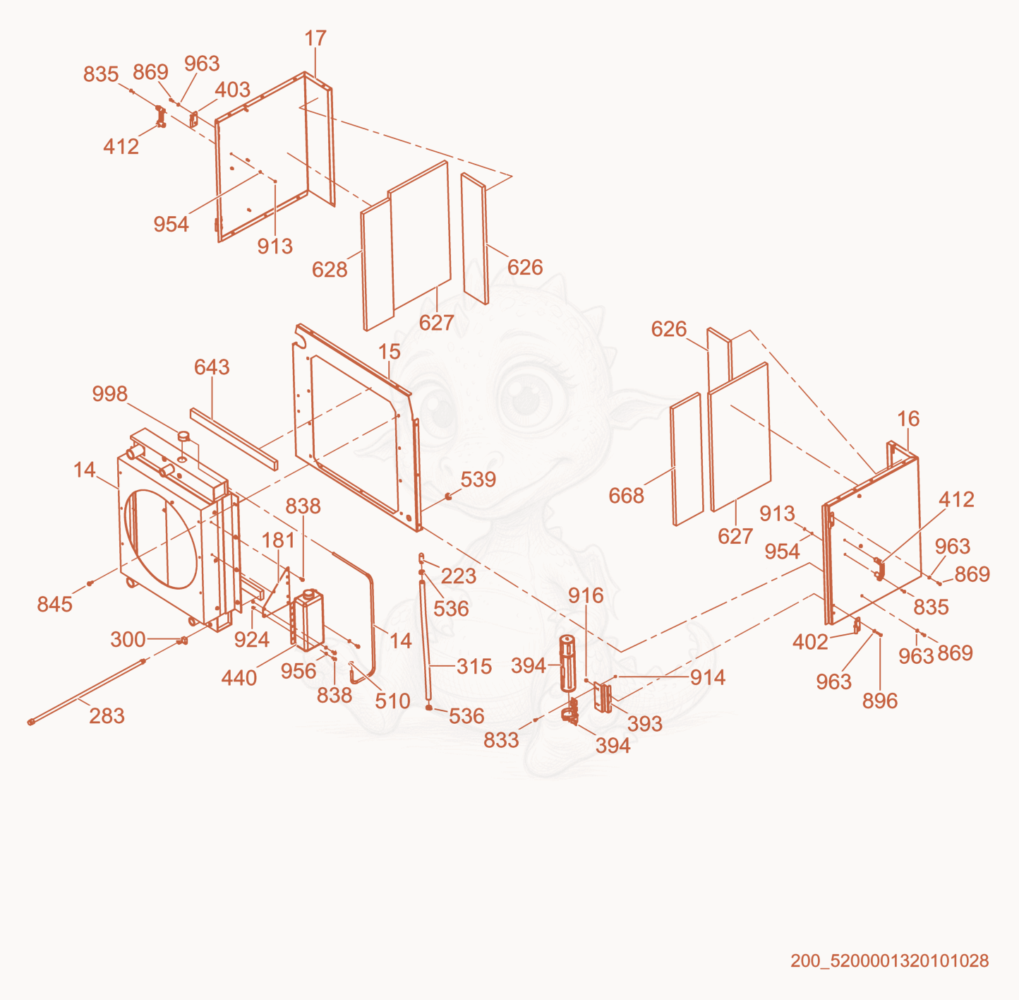 Exploded parts diagram of the Front Enclosure/Radiator of a Wacker Neuson G120, with numbered balloons