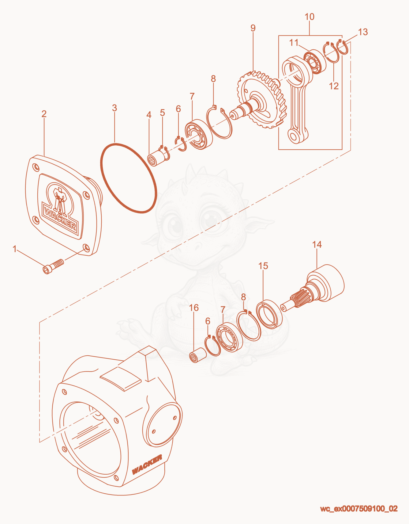 Exploded parts diagram of the Crankcase cpl. of a Wacker Neuson BS60Y, with numbered balloons