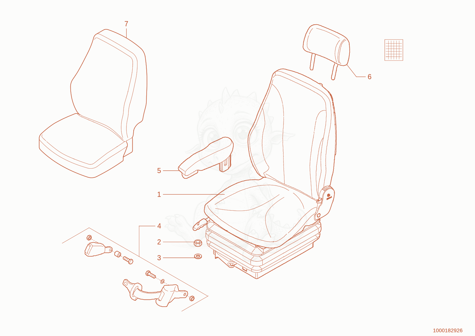 Exploded parts diagram of the Operator's seat attachment of a Wacker Neuson 1150, with numbered balloons