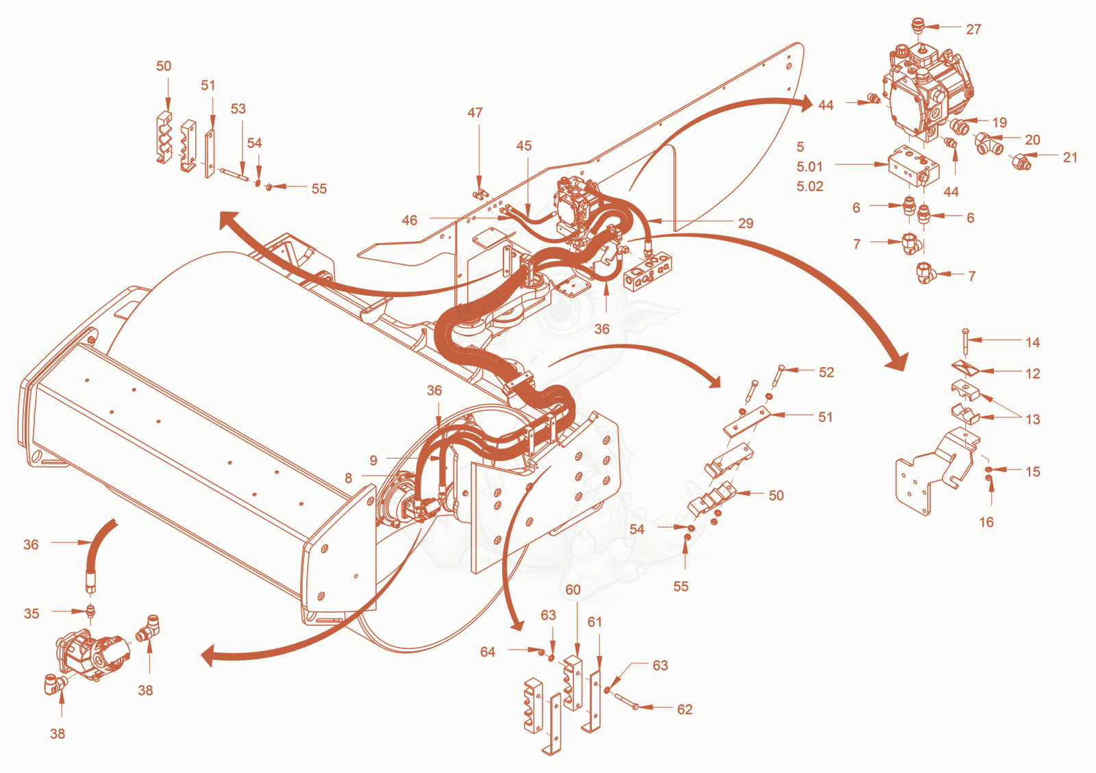 Exploded parts diagram of the Vibration Drive of a Wacker Neuson RC50P, with numbered balloons