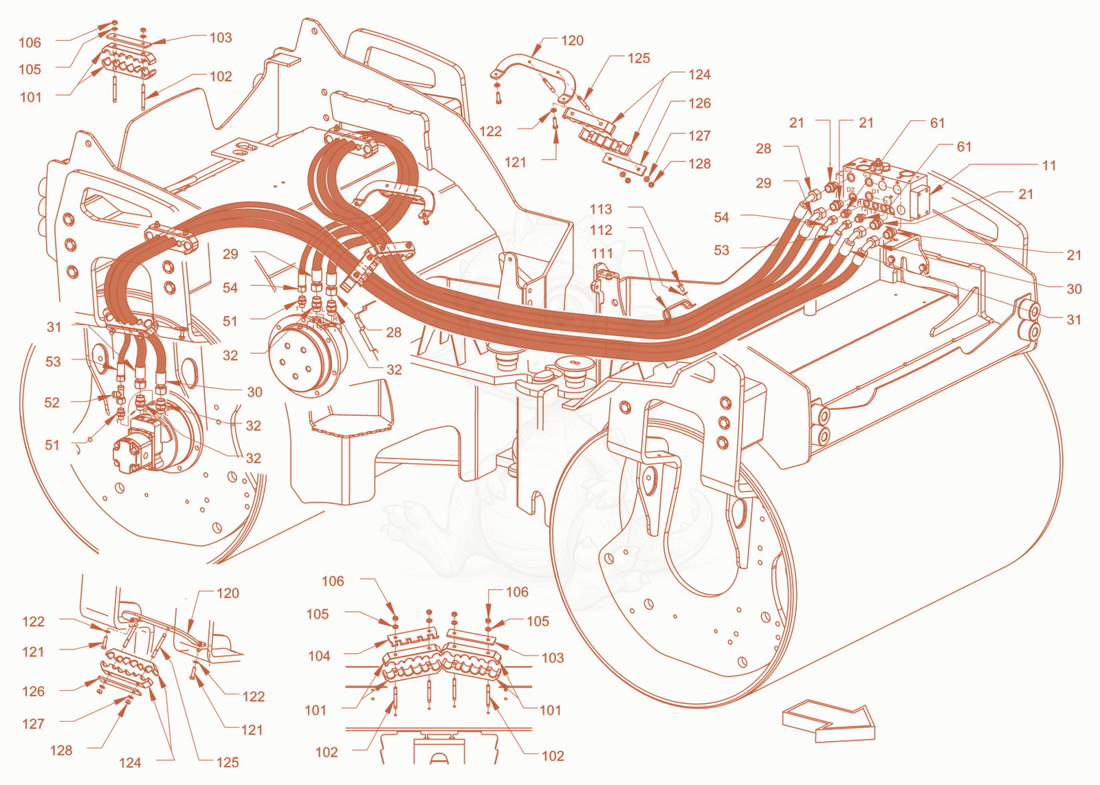 Exploded parts diagram of the advance drive of a Wacker Neuson RD45-140, with numbered balloons