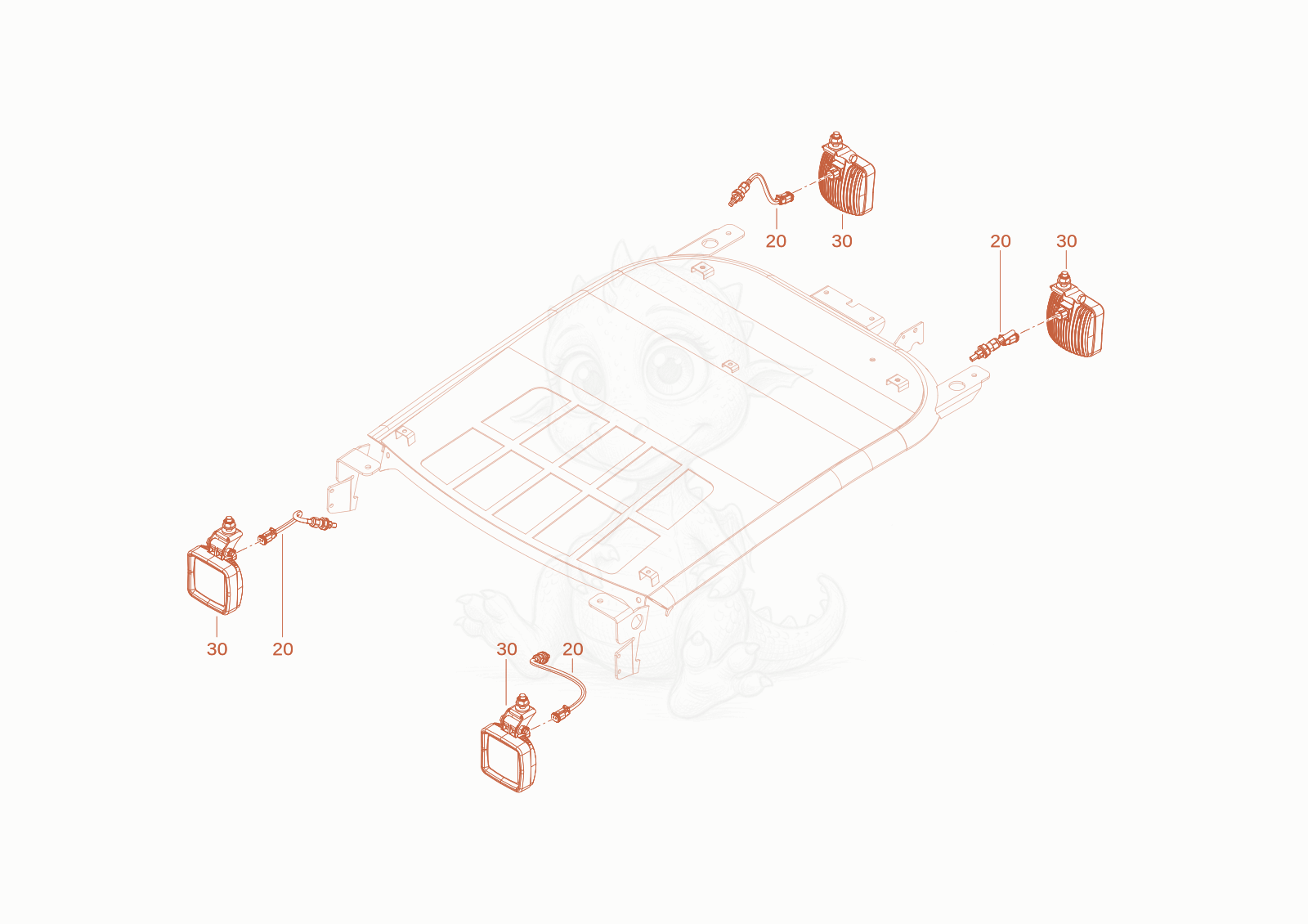 Exploded parts diagram of the working light of a Wacker Neuson WL20E(A09-01), with numbered balloons