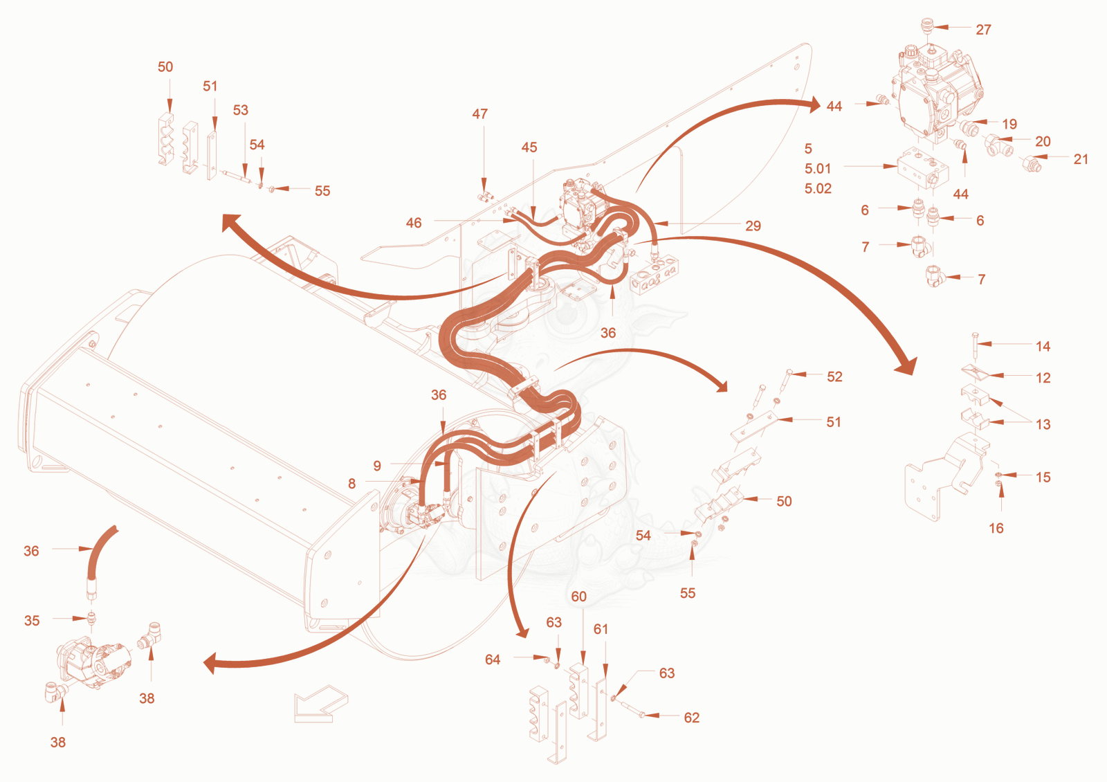 Exploded parts diagram of the vibration drive of a Wacker Neuson RC50, with numbered balloons