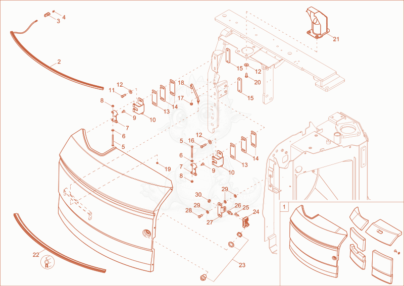 Exploded parts diagram of the engine hood of a Wacker Neuson ET42, with numbered balloons