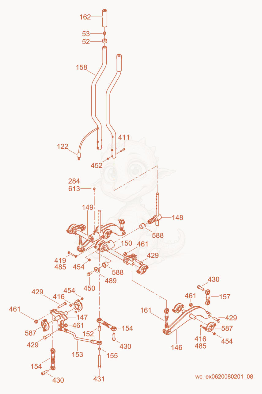 Exploded parts diagram of the Mechanical Steering of a Wacker Neuson CRT36-24A, with numbered balloons