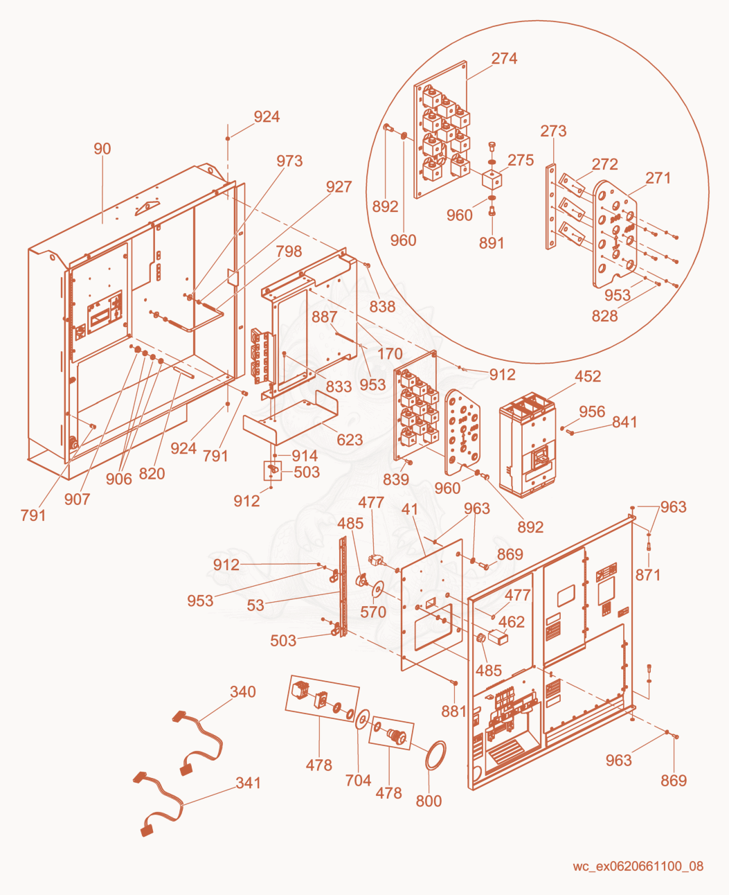 Exploded parts diagram of the Main Breaker/Voltage SelectorPanel of a Wacker Neuson G240, with numbered balloons