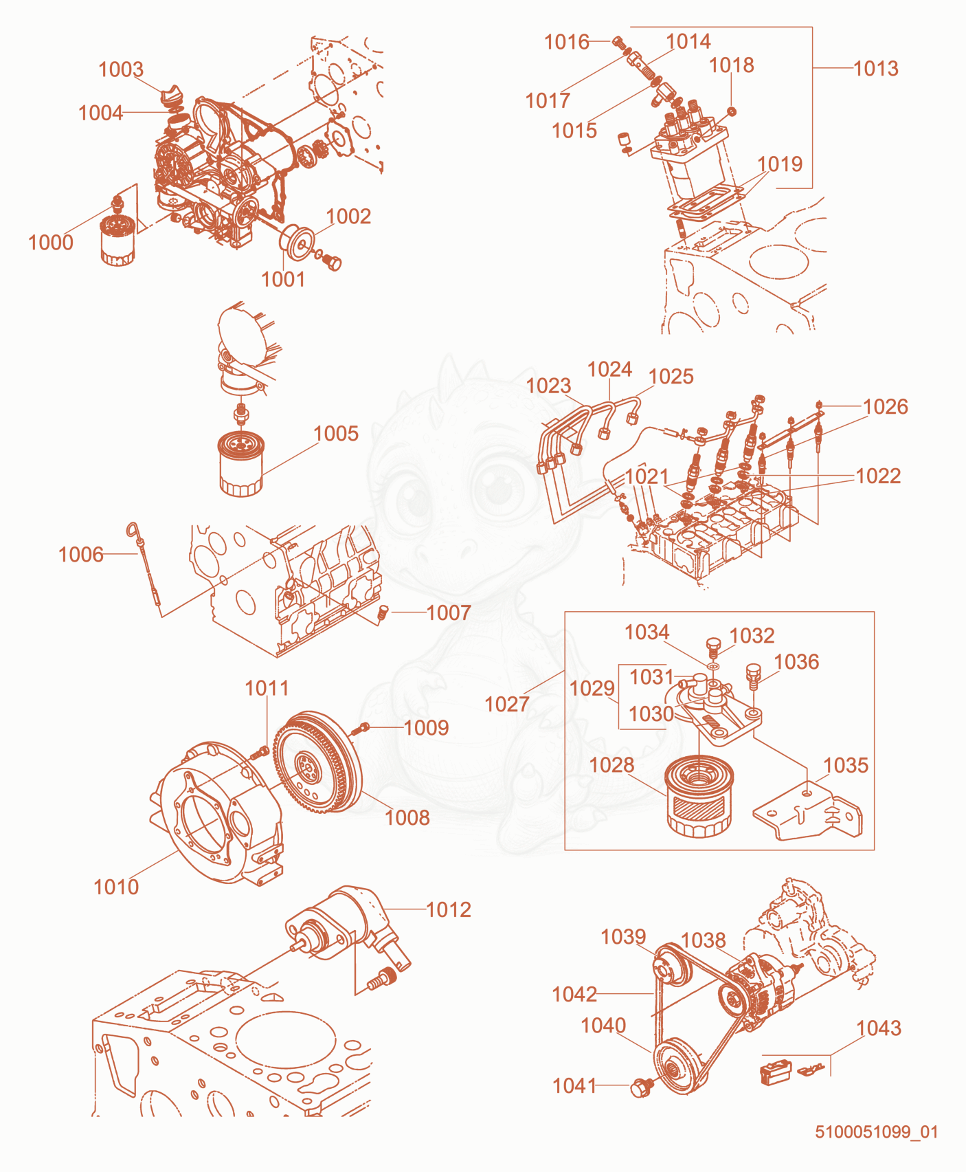 Exploded parts diagram of the Engine Components (1) of a Wacker Neuson HI1000DGM, with numbered balloons