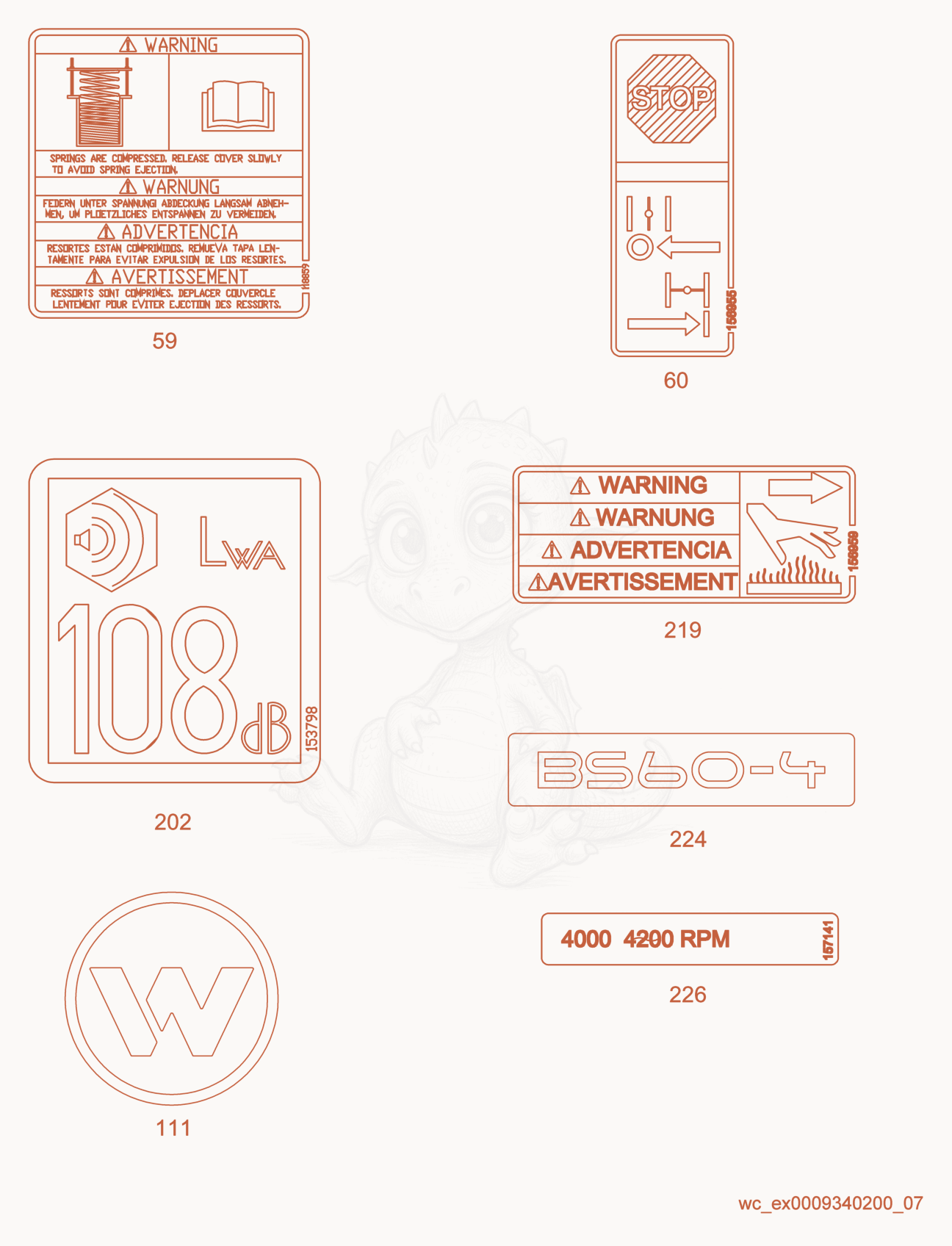 Exploded parts diagram of the Labels of a Wacker Neuson BS60-4, with numbered balloons