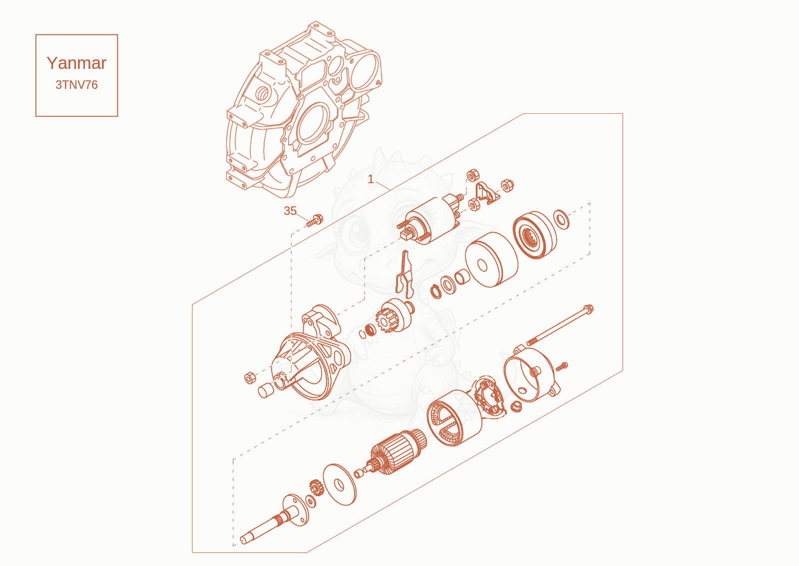 Exploded parts diagram of the starter motor of a Wacker Neuson DW20-2, with numbered balloons
