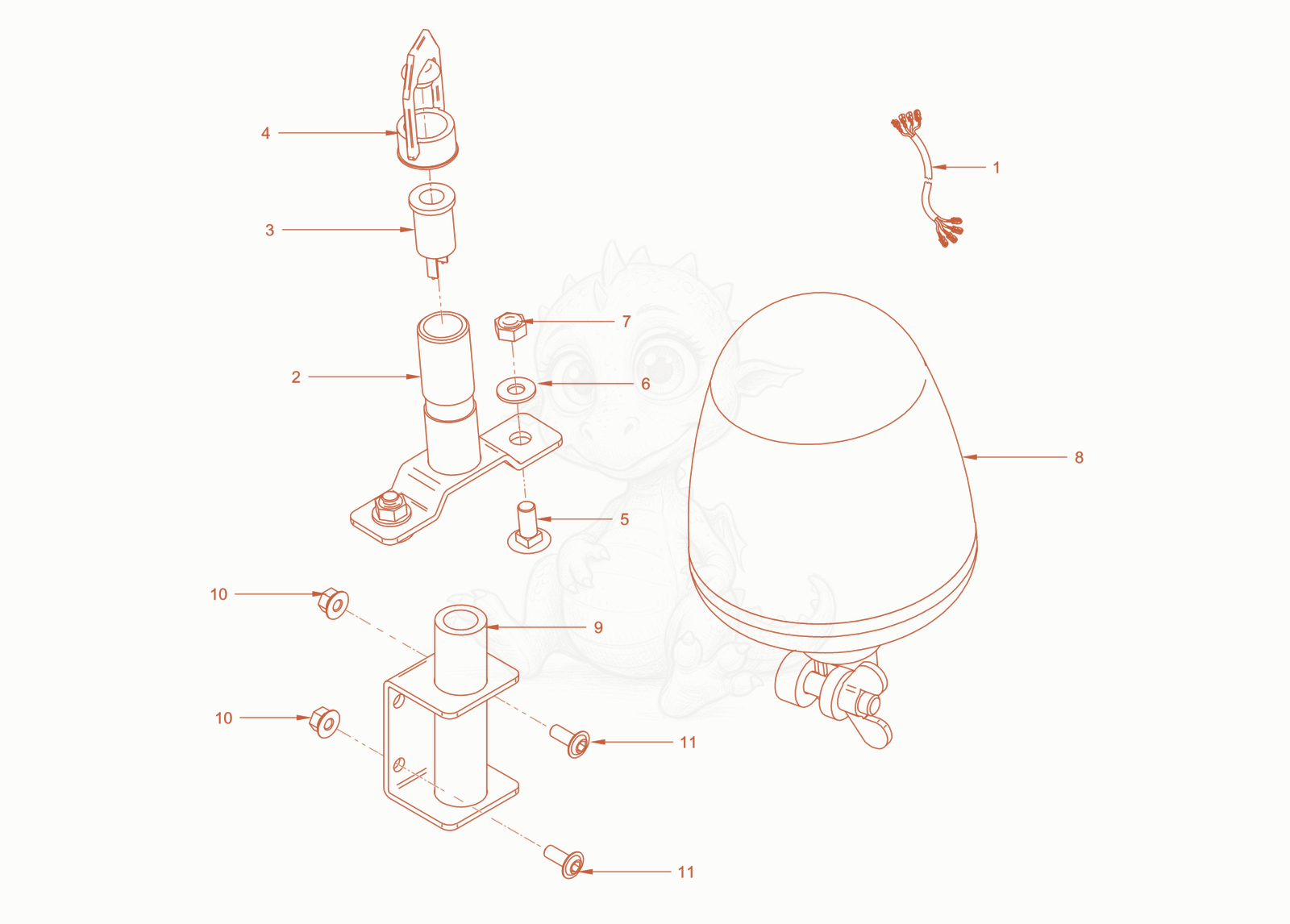 Exploded parts diagram of the rotary beacon of a Wacker Neuson RC70PDPFROPS, with numbered balloons